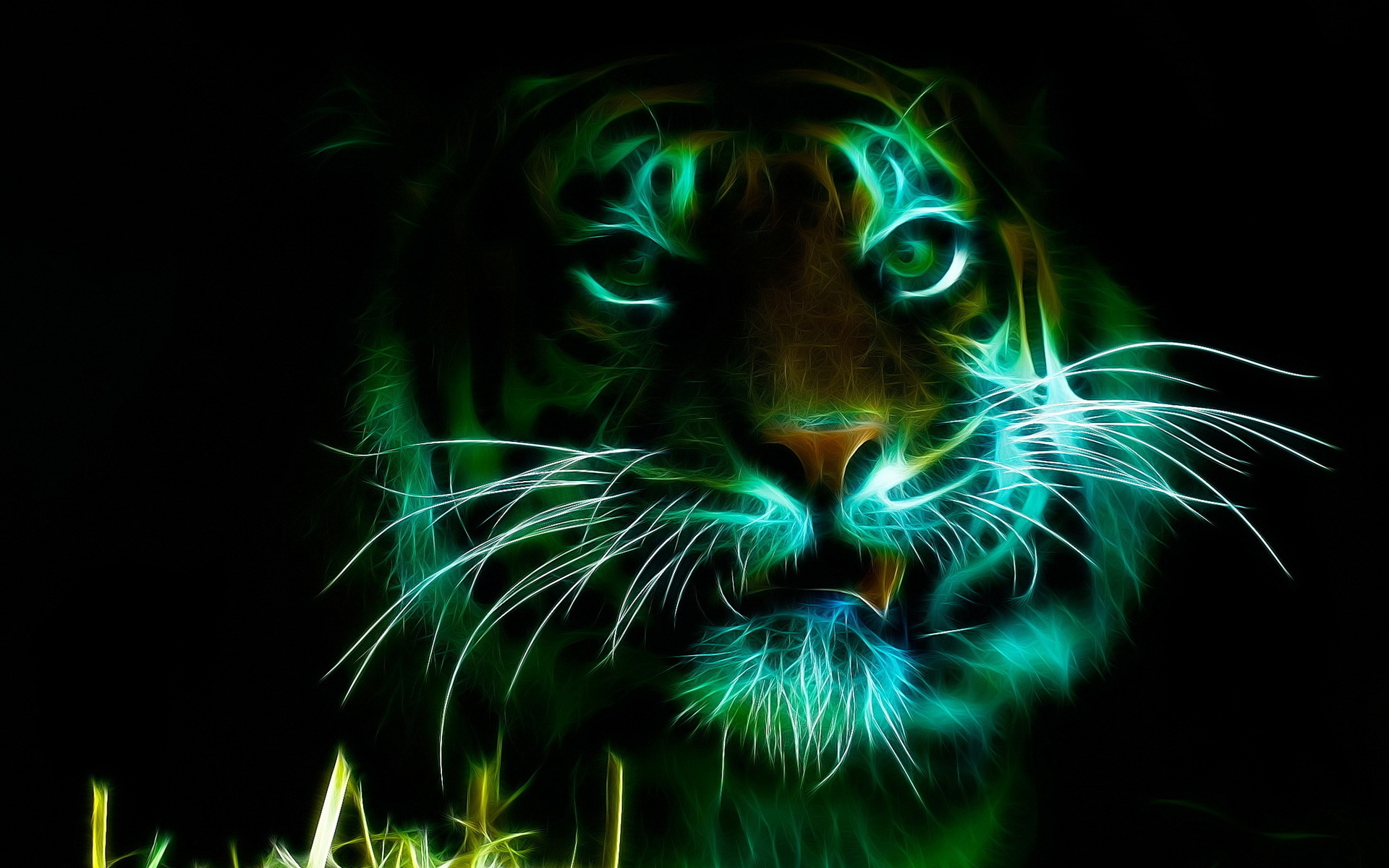 Лицо тигра в неоновом зелёном дыме