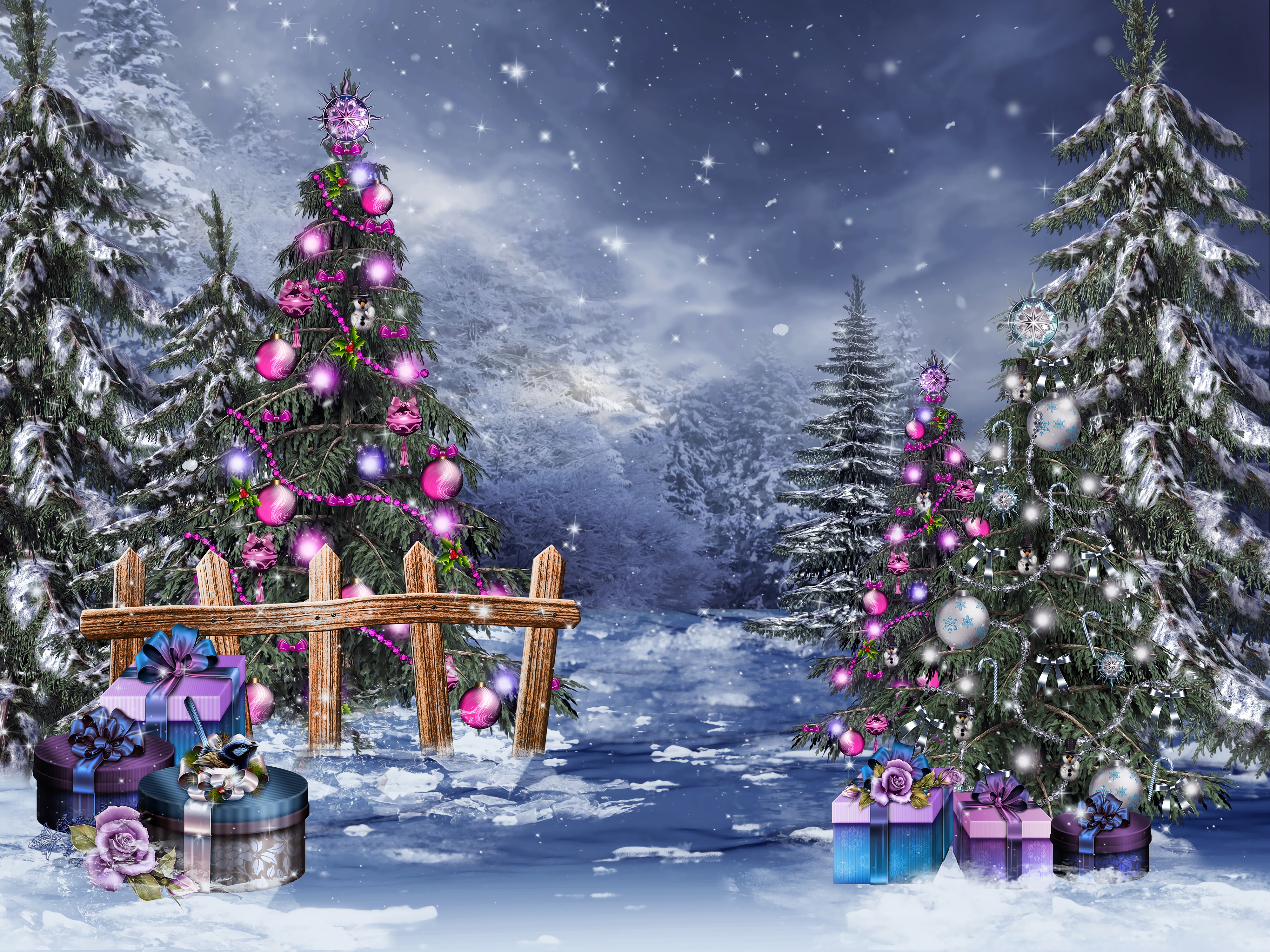 731082壁紙のダウンロードホリデー, クリスマス, クリスマスツリー, 森, 贈り物, 雪-スクリーンセーバーと写真を無料で