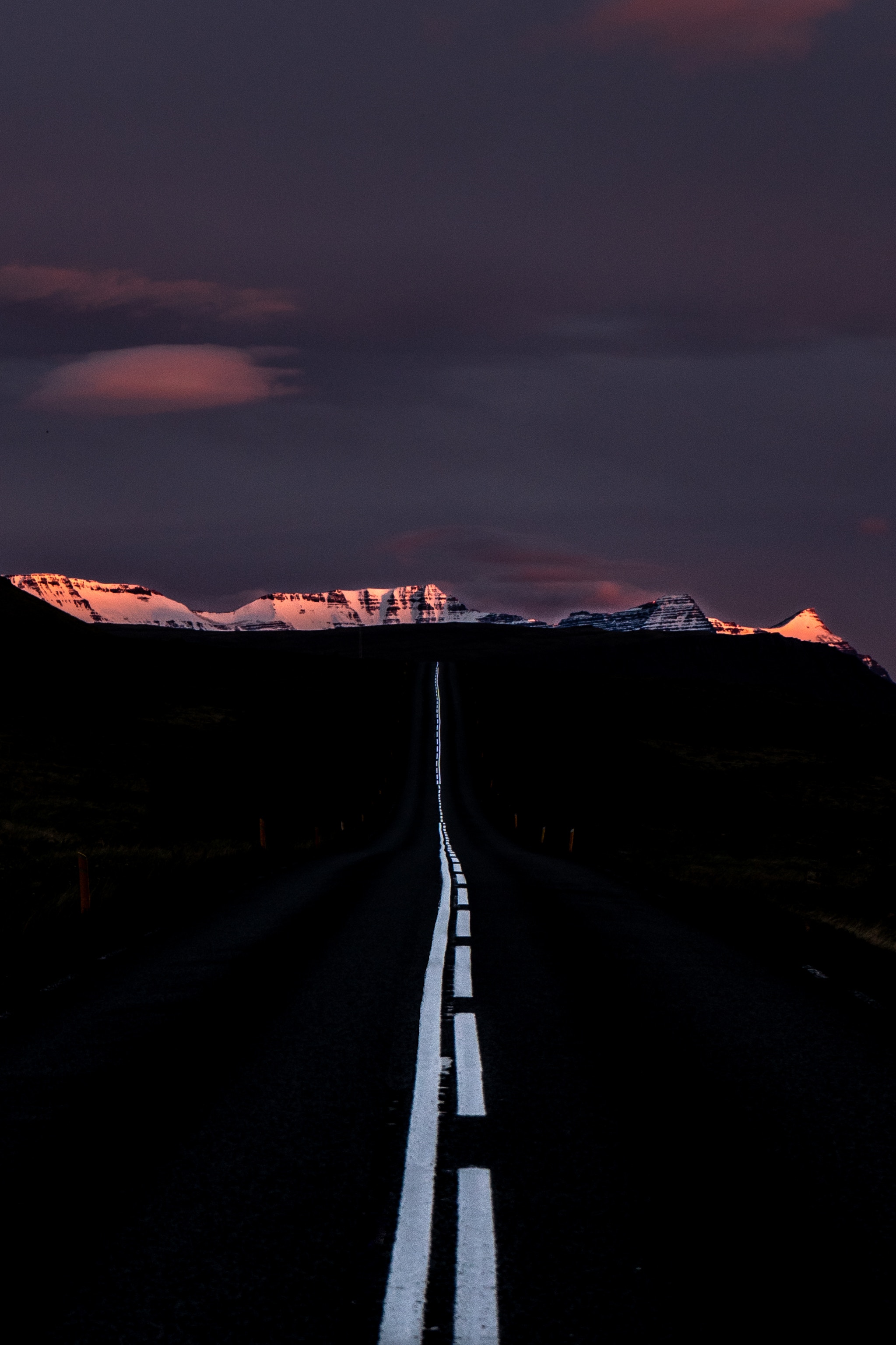 nature, sunset, mountains, night, horizon, dark, road, markup Panoramic Wallpaper
