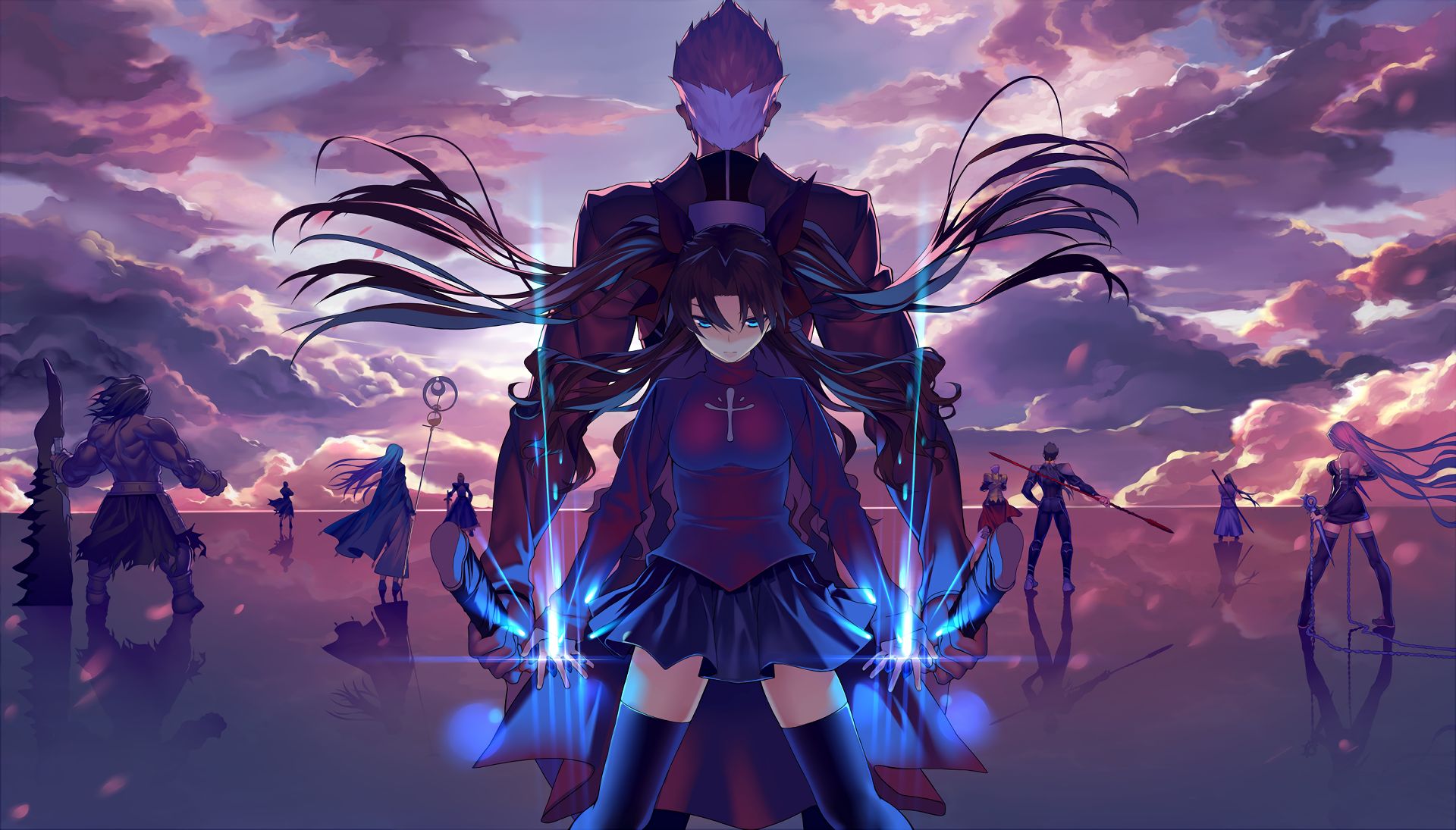 fate series, anime, skirt, rin tohsaka, blue eyes, cloud, sword, reflection, fate/stay night: unlimited blade works, archer (fate/stay night), staff, thigh highs, weapon QHD