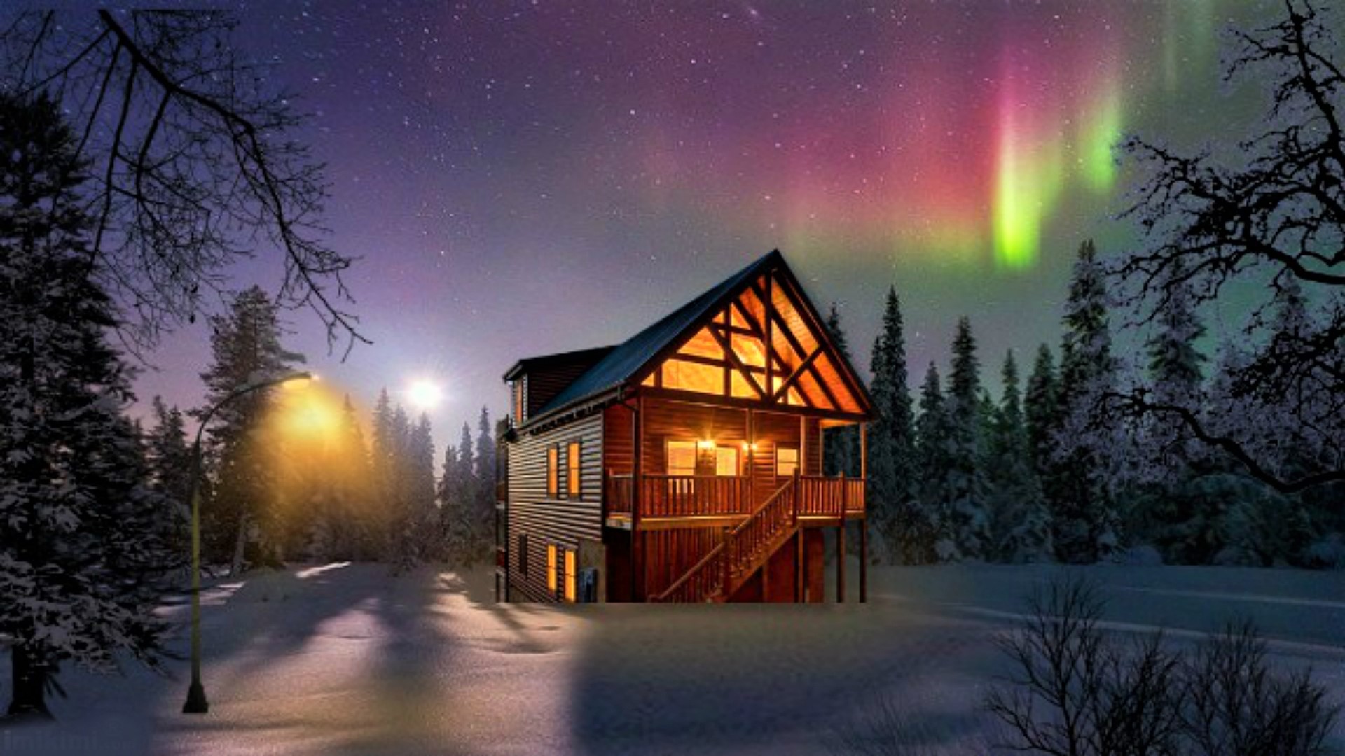 Download PC Wallpaper winter, man made, house, aurora borealis, cottage, light, lodge, night, sky, snow, starry sky, tree