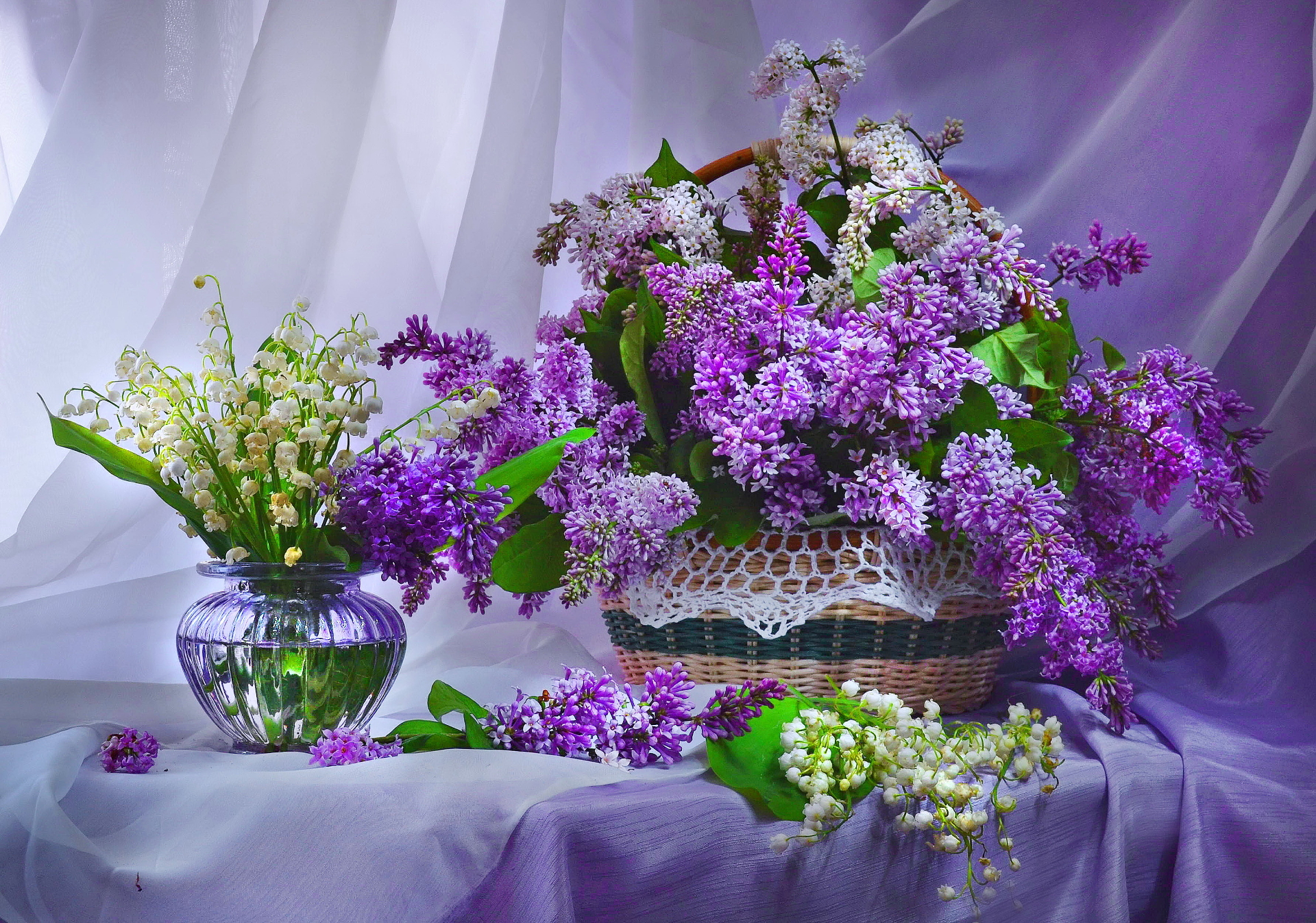 basket, photography, still life, lilac, lily of the valley, purple flower, vase
