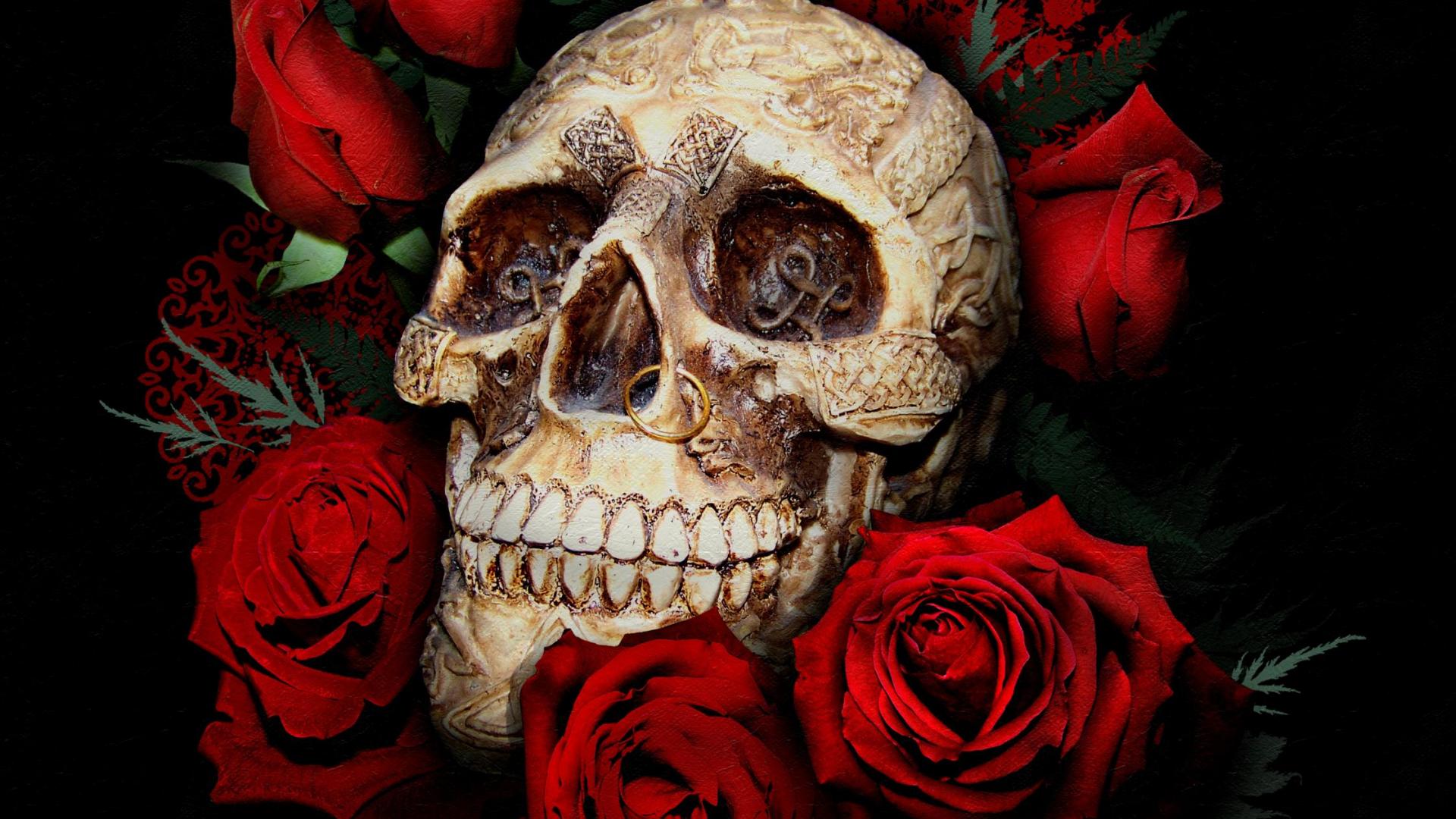 dark, skull, gothic, piercing, red flower, red rose, rose