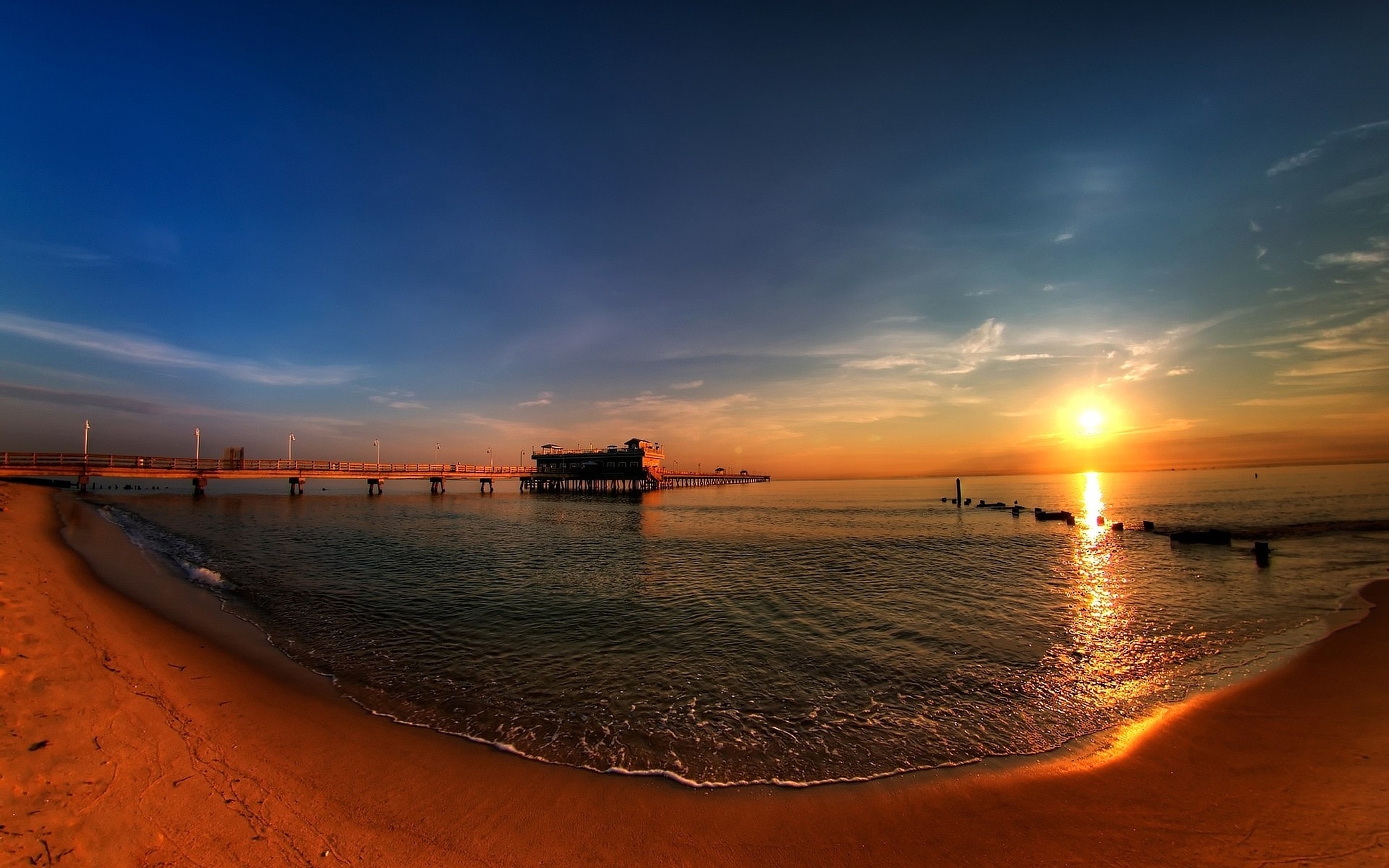 Laden Sie das Ufer, Panorama, Seebrücke, Bank, Pier, Natur, Sunset-Bild kostenlos auf Ihren PC-Desktop herunter
