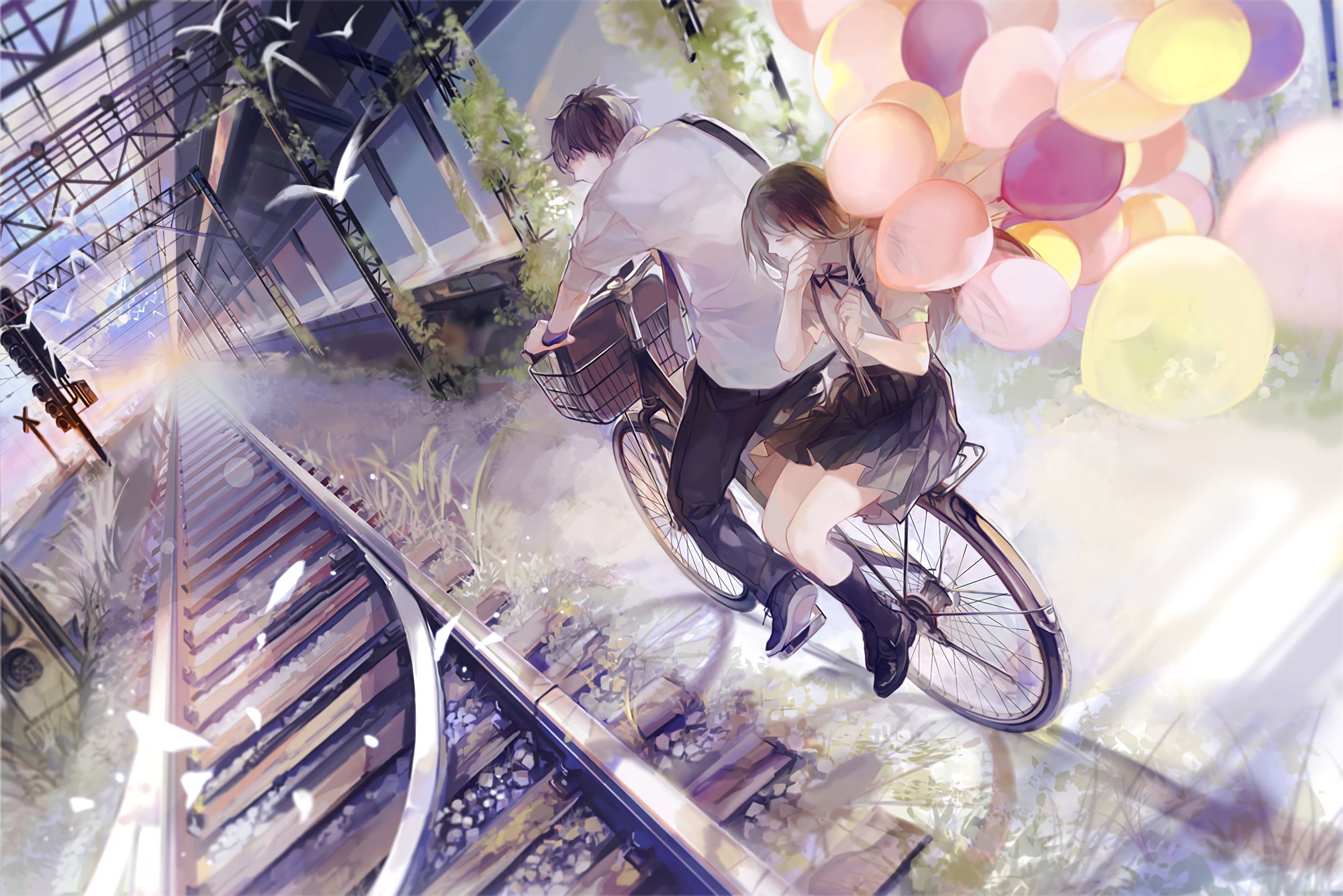 bike, couple, anime, balloon, bicycle, railroad, school uniform 2160p