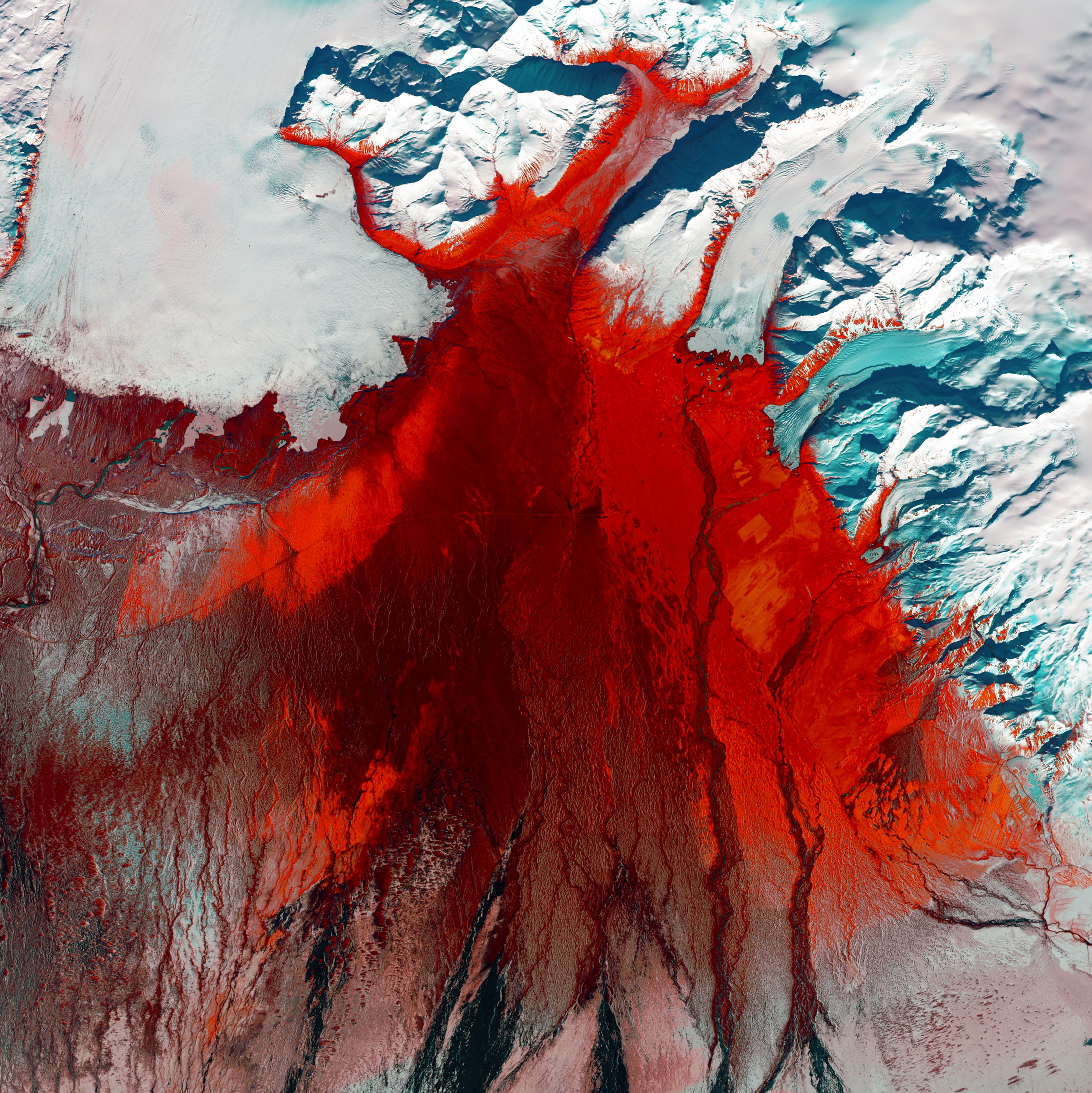 view from above, glacier, nature, ice, red, relief UHD
