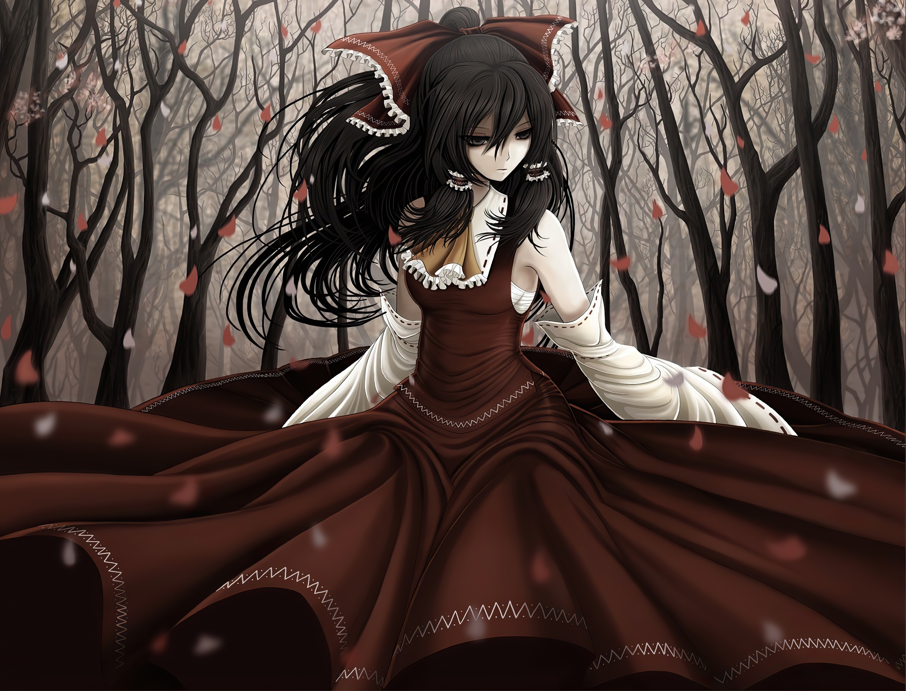 anime, touhou, black hair, red dress, reimu hakurei Phone Background
