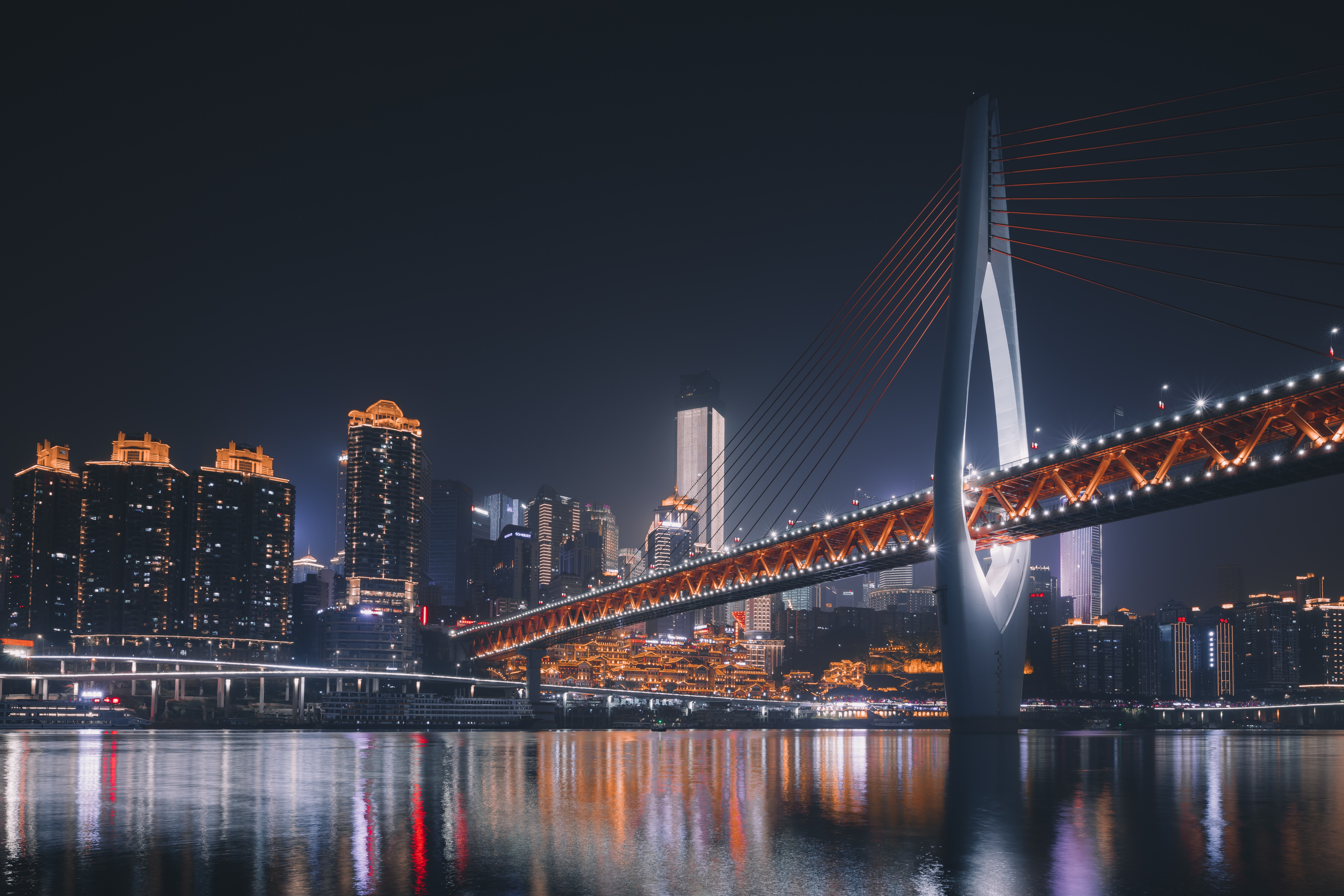 architecture, cities, night city, bridge, backlight, illumination, china, chongqing desktop HD wallpaper