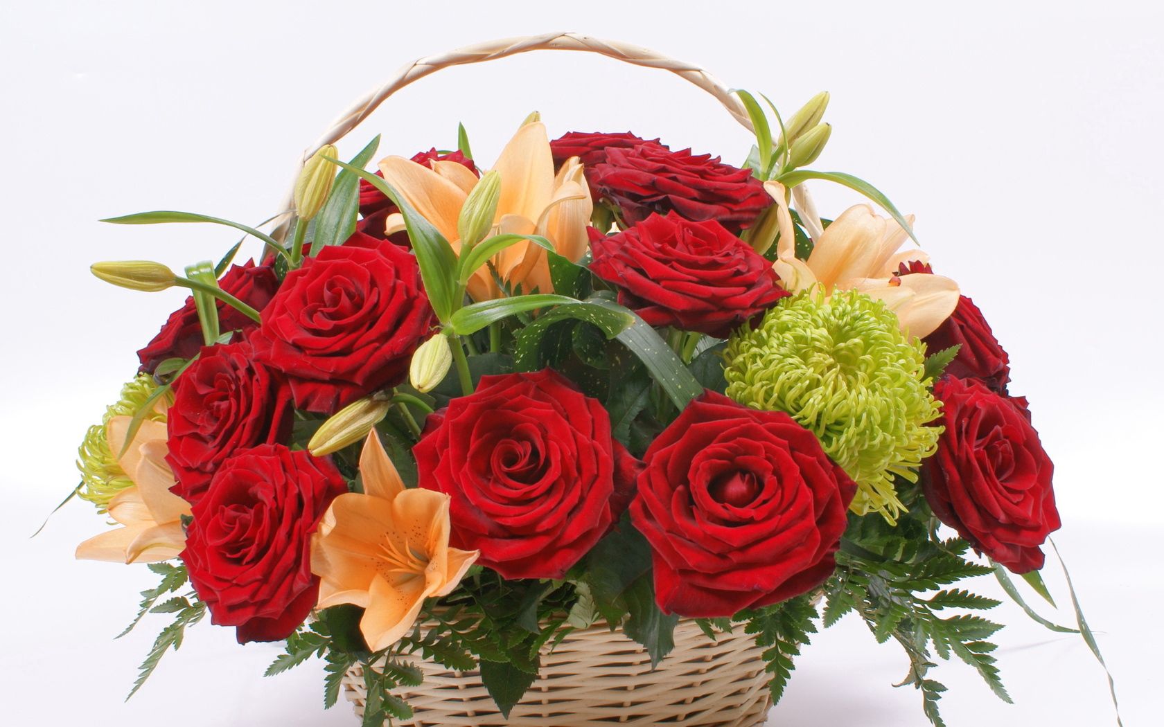roses, flowers, grass, lilies, basket, composition