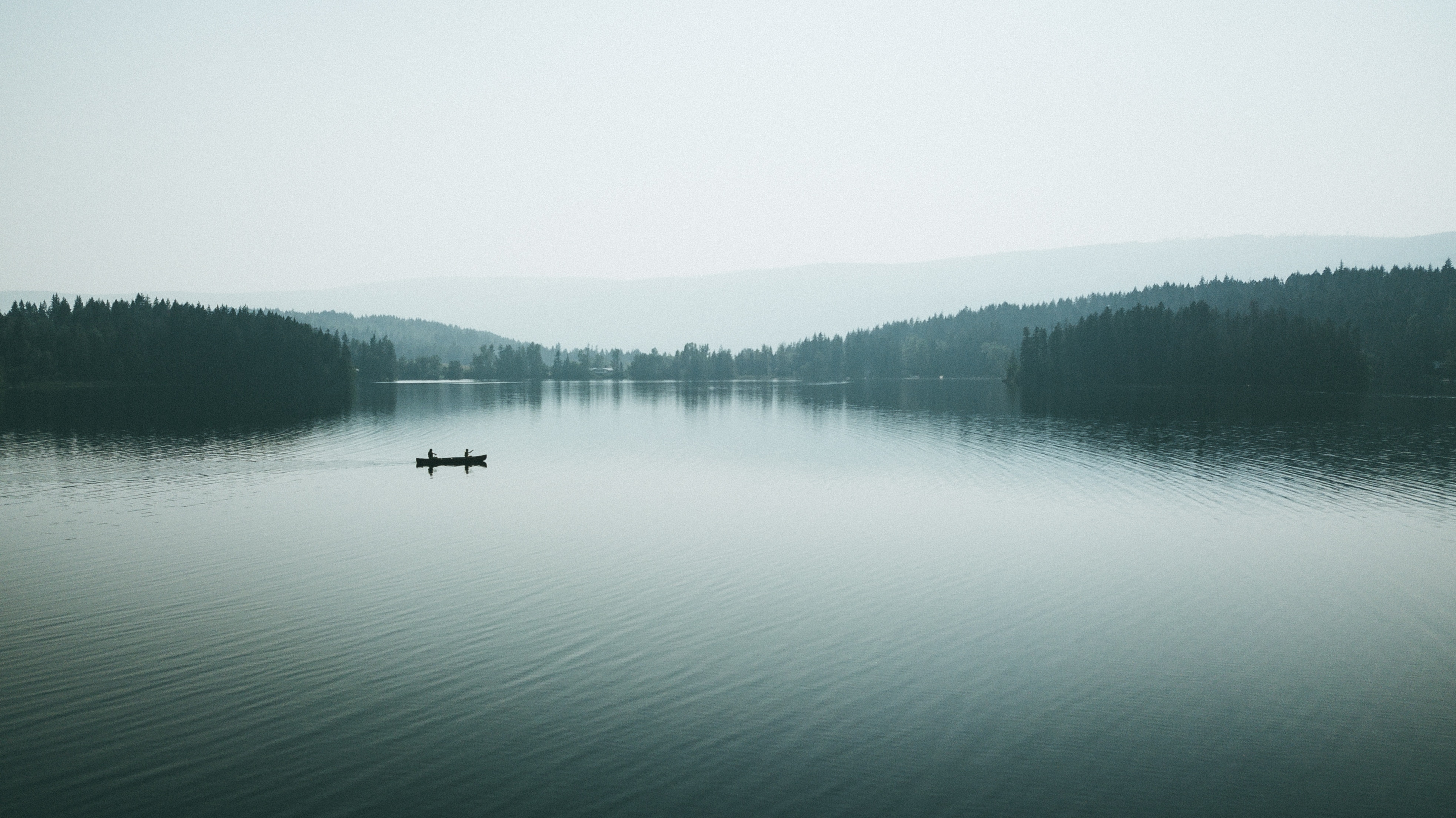 fog, nature, lake, silhouettes, boat, canoe