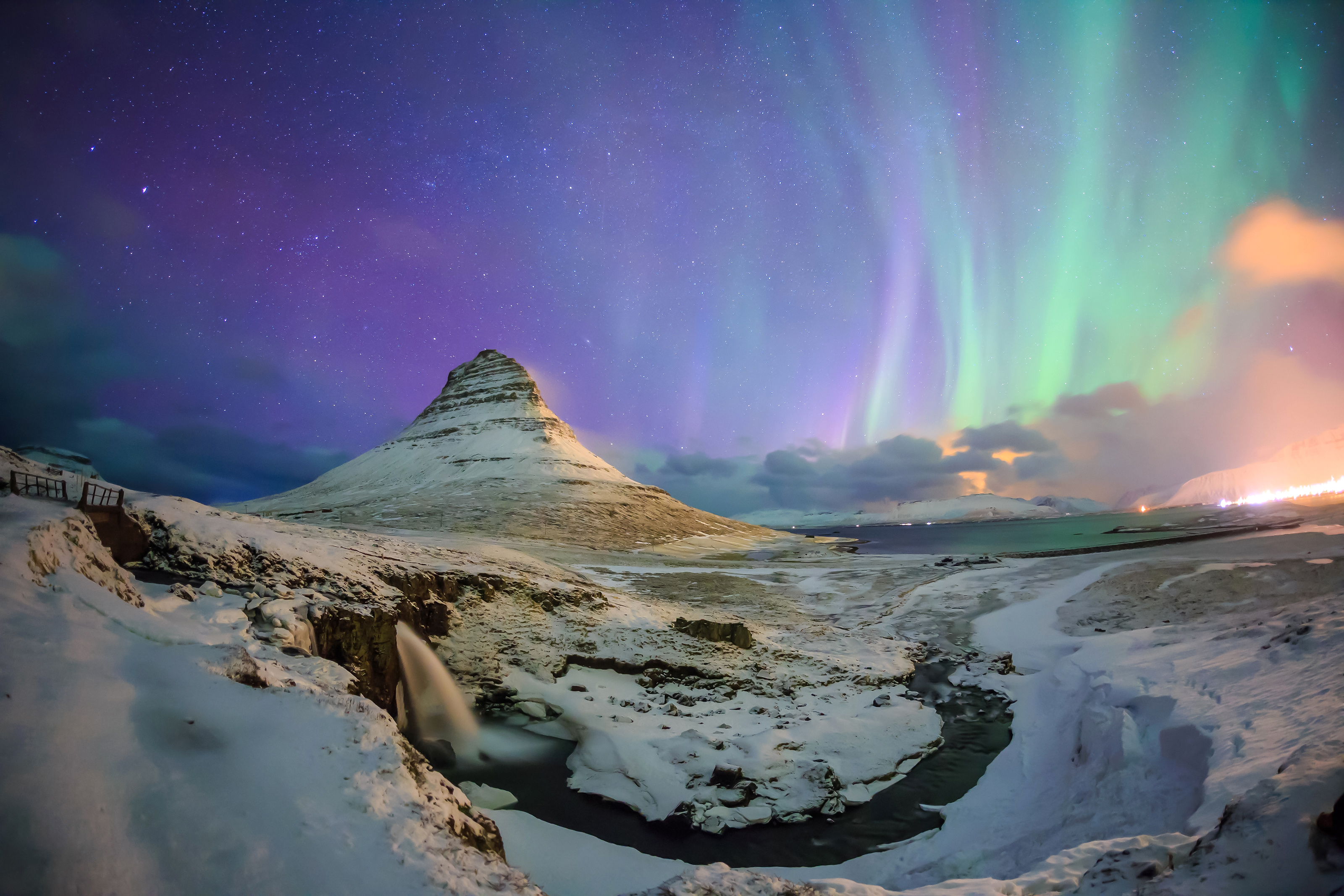 earth, kirkjufell, aurora borealis, iceland, kirkjufoss, mountain, river, sky, snow, waterfall