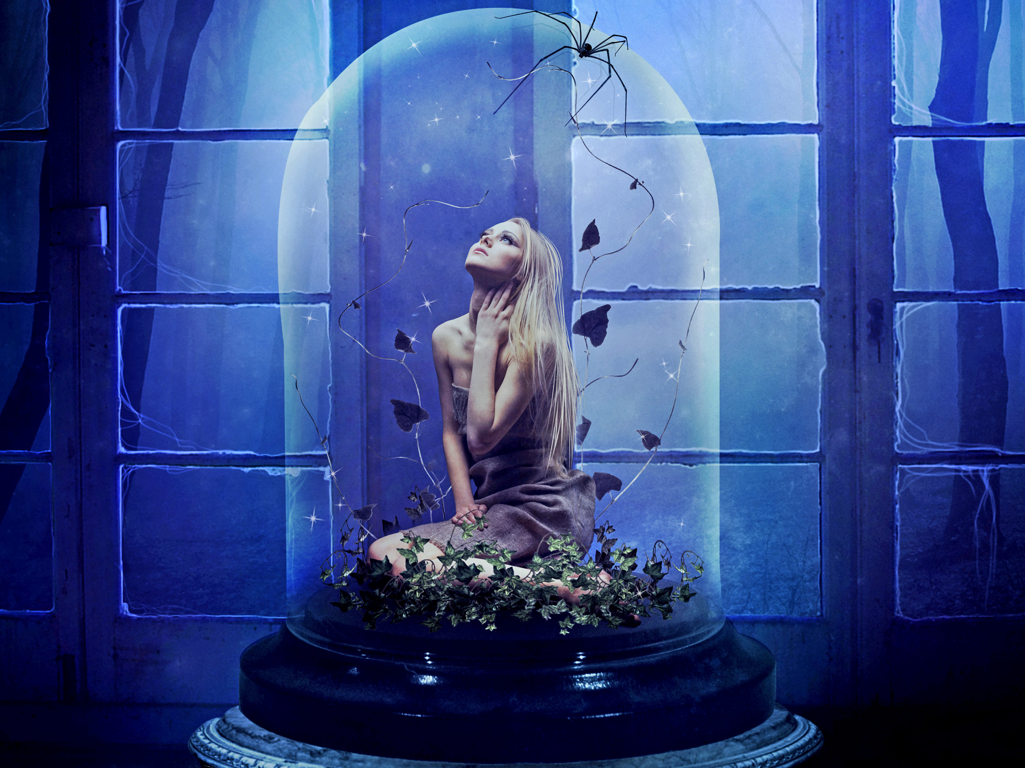 Download mobile wallpaper Fantasy, Gothic, Window, Blonde, Spider, Women, Ivy for free.