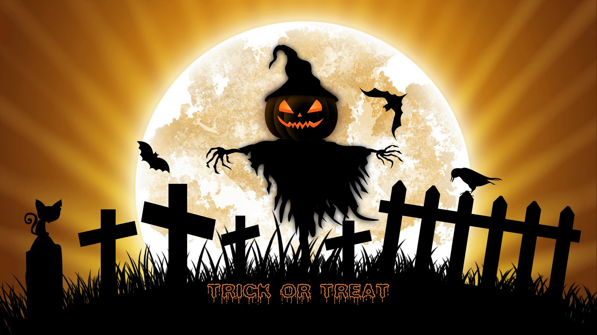 holiday, halloween, bat, fence, jack o' lantern, moon, scarecrow, trick or treat Phone Background