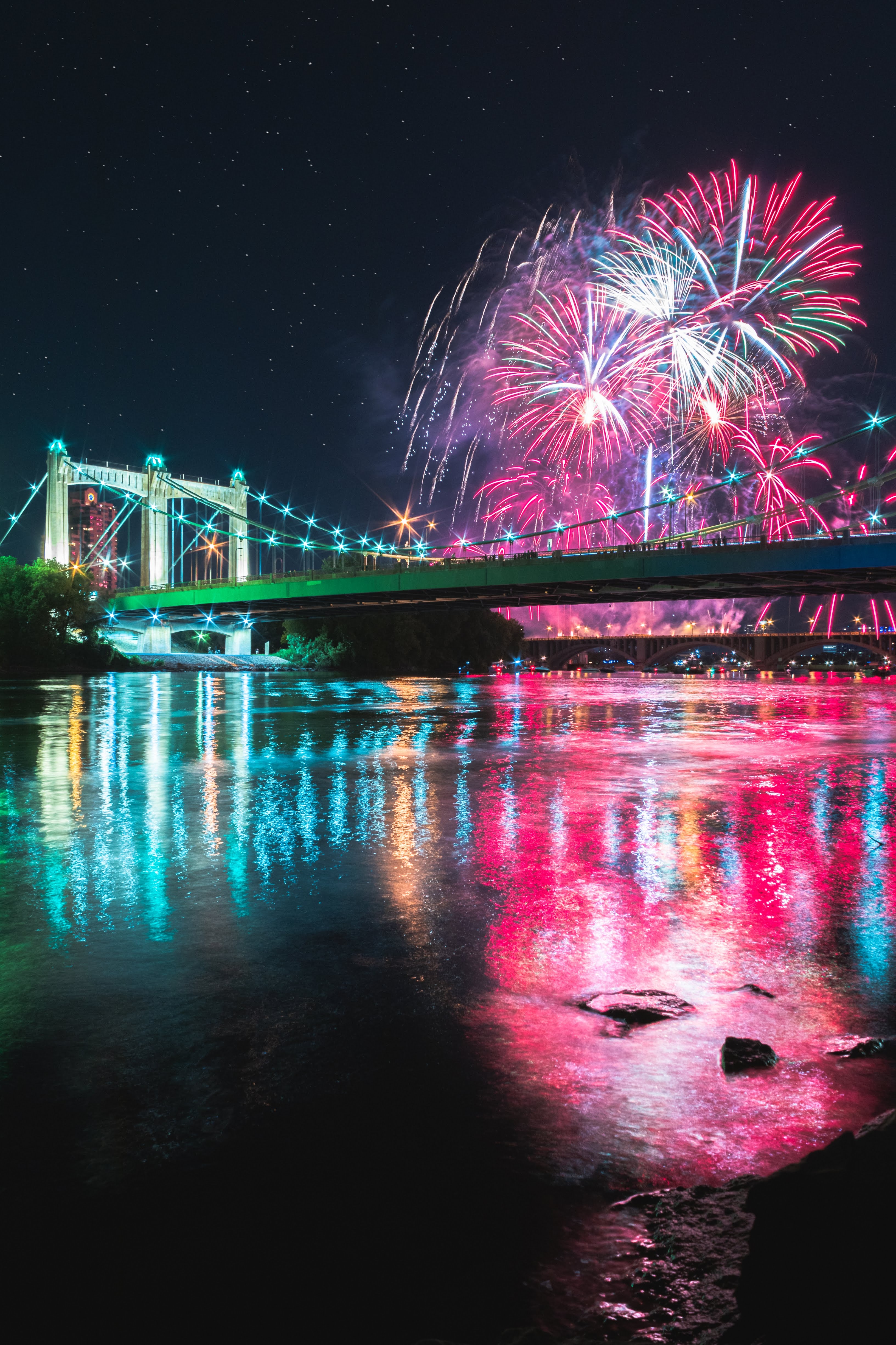 android fireworks, holidays, firework, reflection, night, lights, bridge