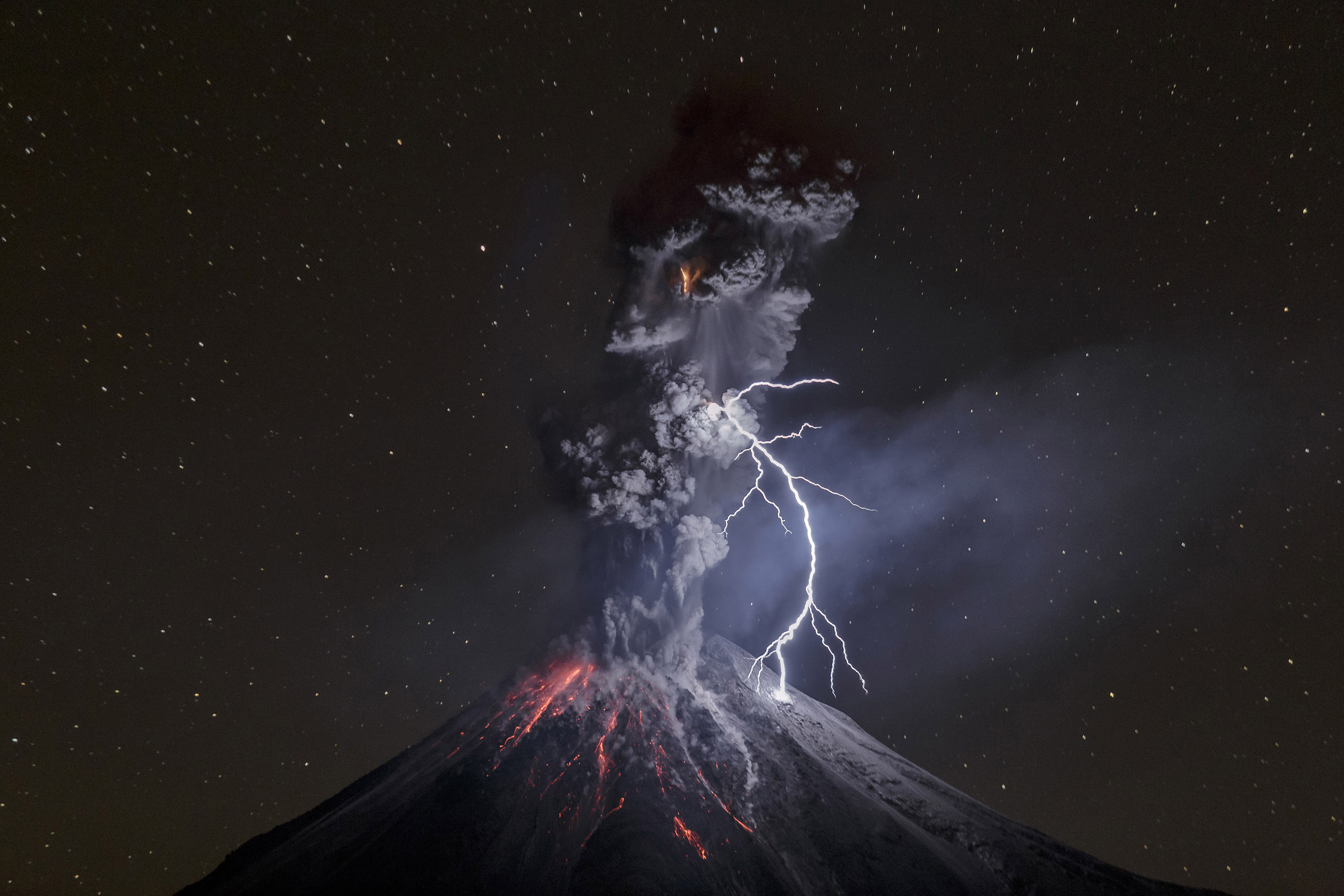 eruption, smoke, earth, volcano, lightning, night, stars, volcanoes
