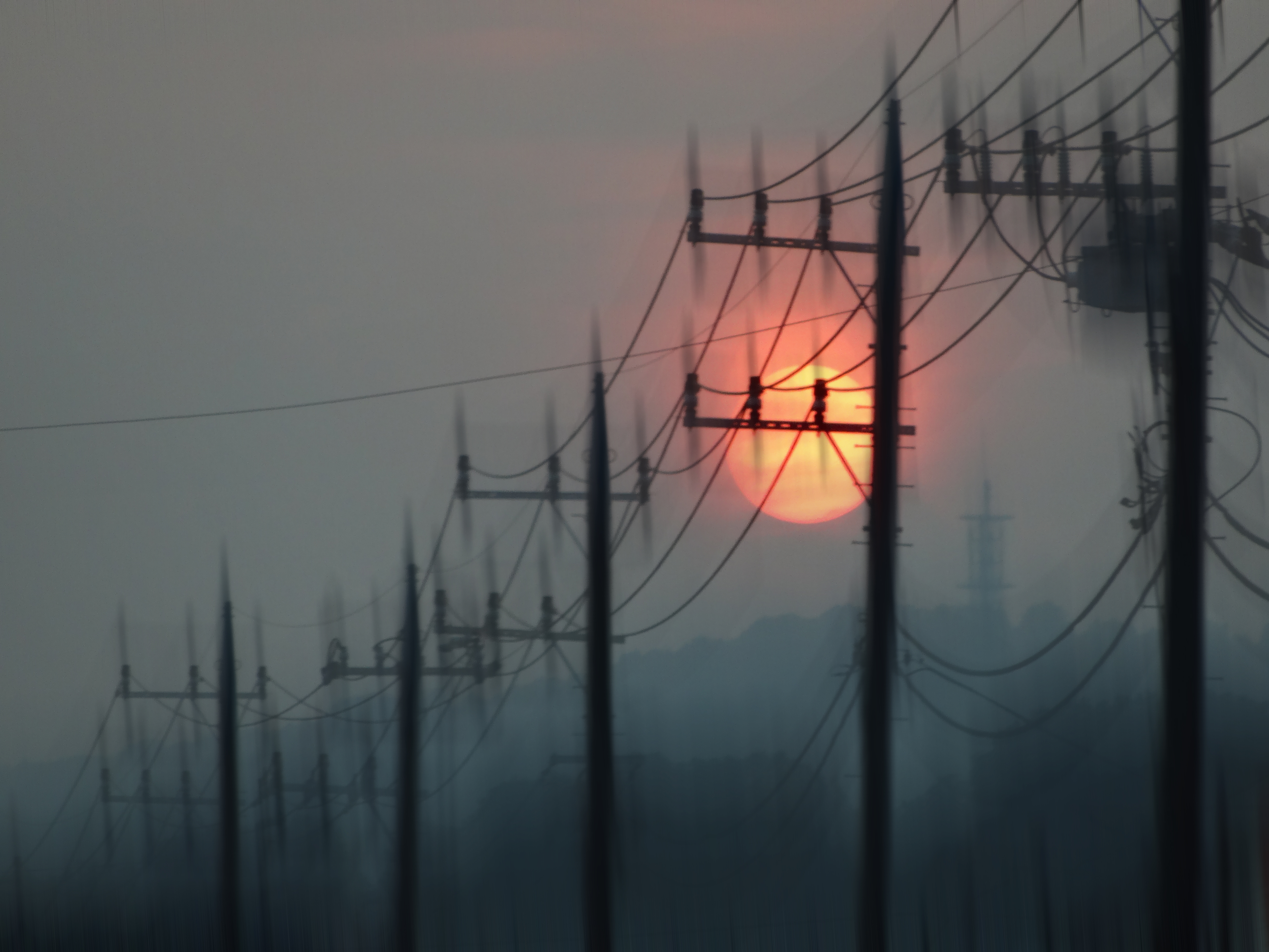 sunset, sun, miscellanea, miscellaneous, blur, smooth, pillars, posts, wires, wire