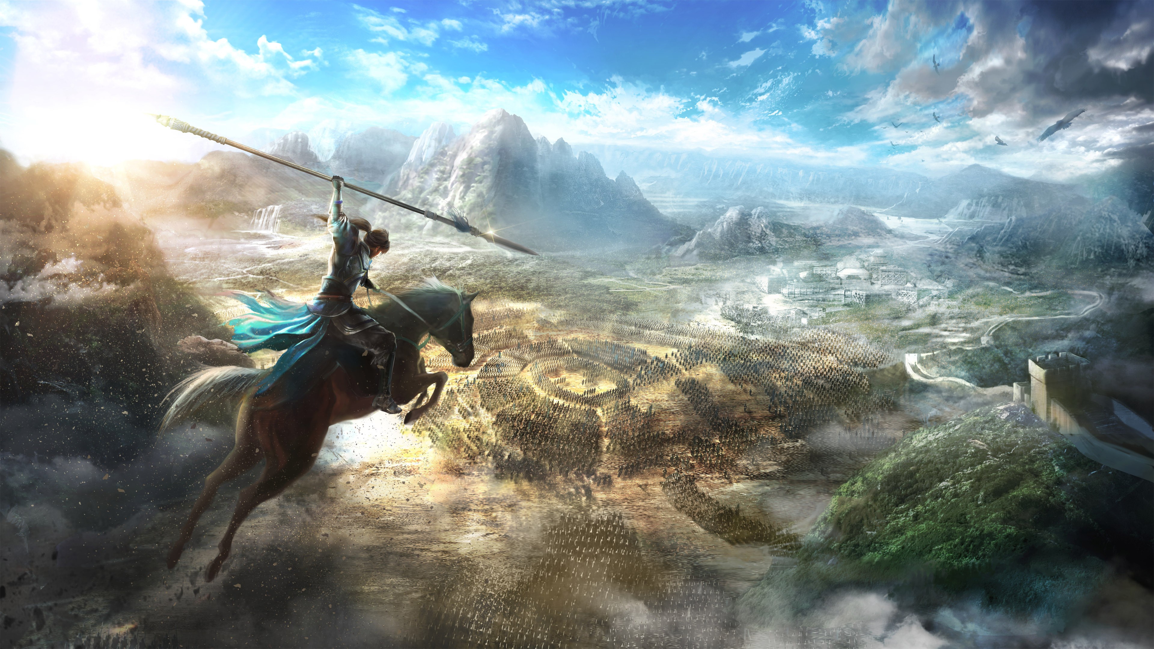 battle, dynasty warriors 9, army, video game, horse, landscape, spear, warrior 32K