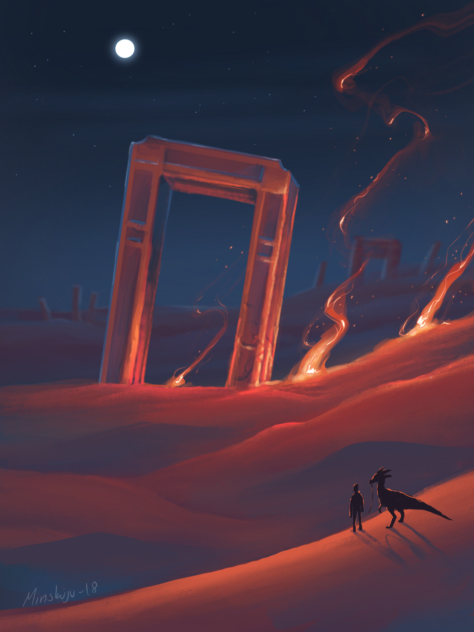 Download mobile wallpaper Desert, Silhouette, Dinosaur, Art for free.