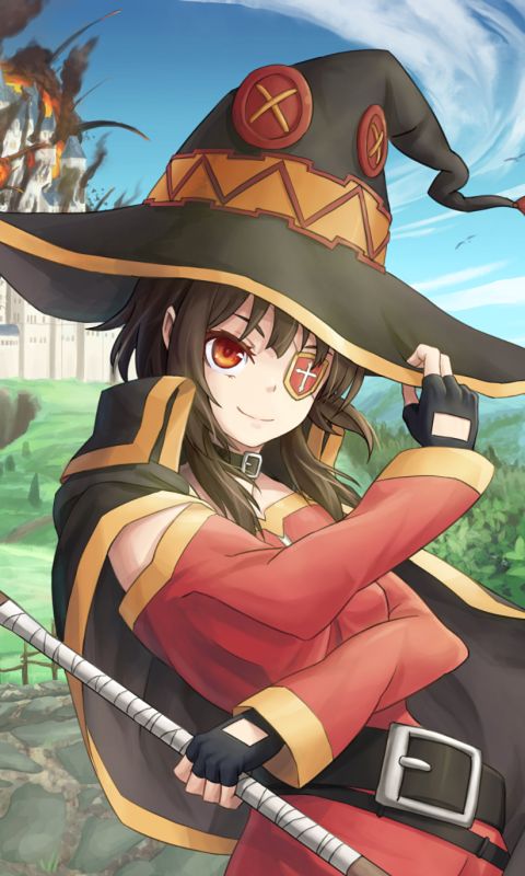 Here is a Megumin wallpaper i made in persona 5 style! : r/Konosuba