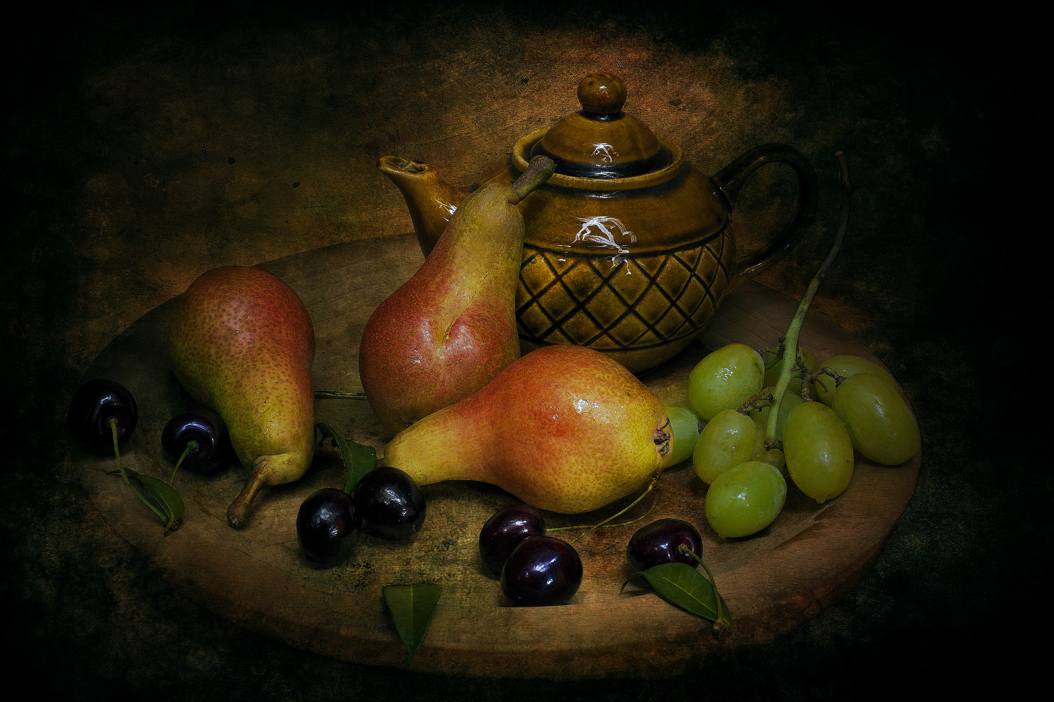 still life, photography, cherry, fruit, grapes, pear, teapot Phone Background