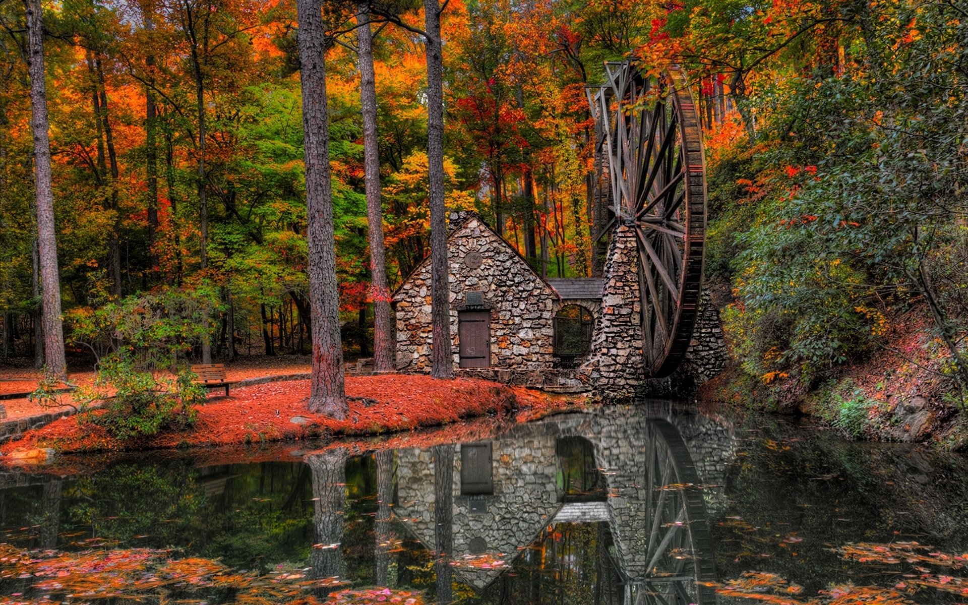 man made, watermill, fall, forest, mill, reflection, tree for android