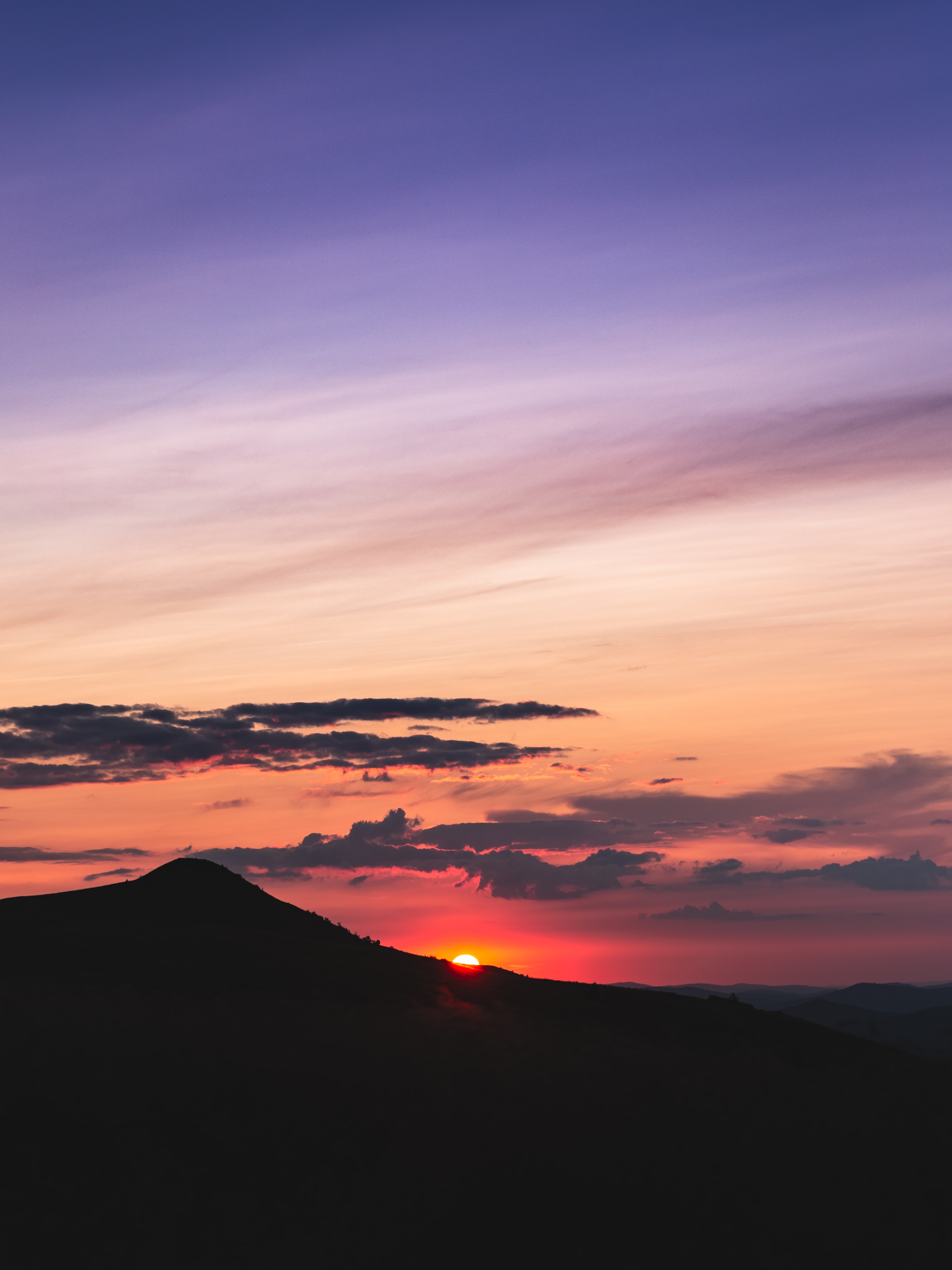 Download mobile wallpaper Sunset, Vertex, Top, Mountains, Sky, Nature for free.