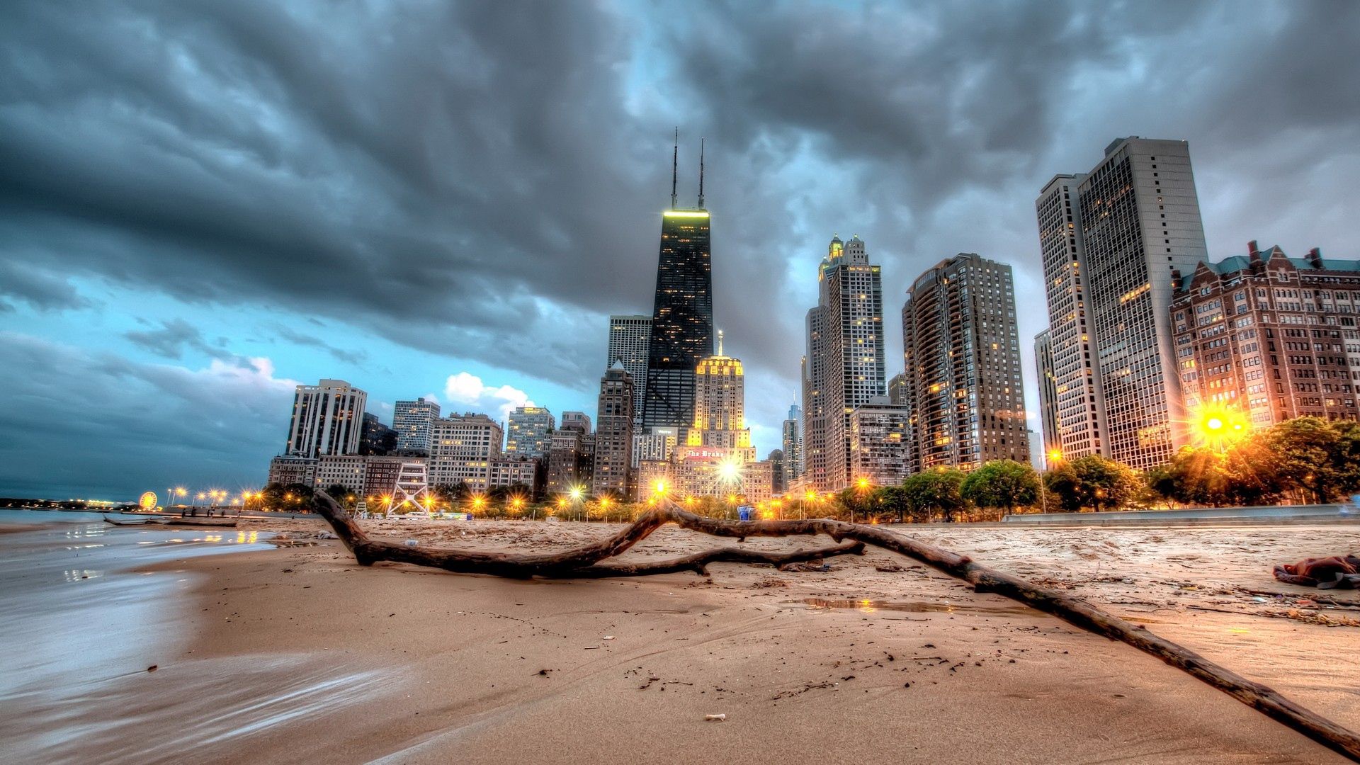 chicago, cities, sand, skyscraper, shore, bank, hdr