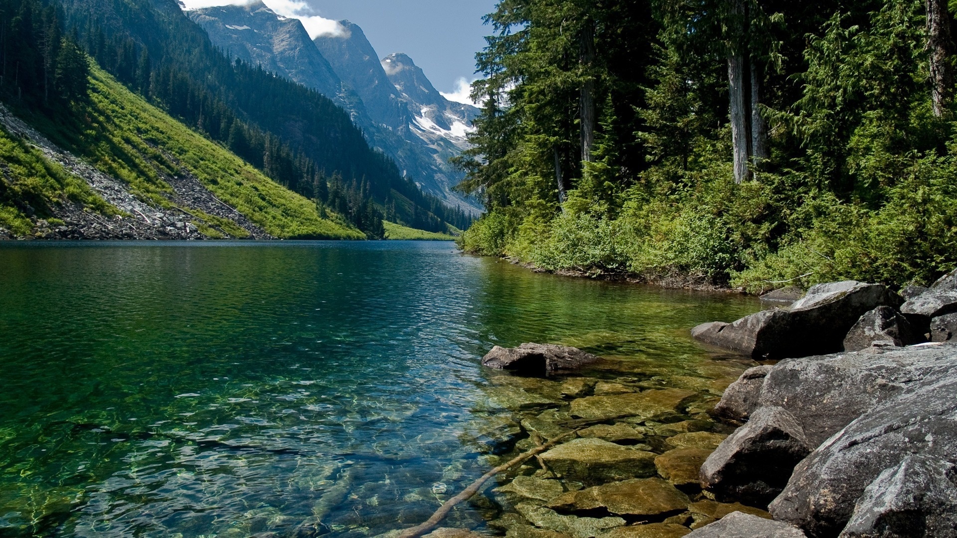 mountains, trees, landscape, rivers download HD wallpaper
