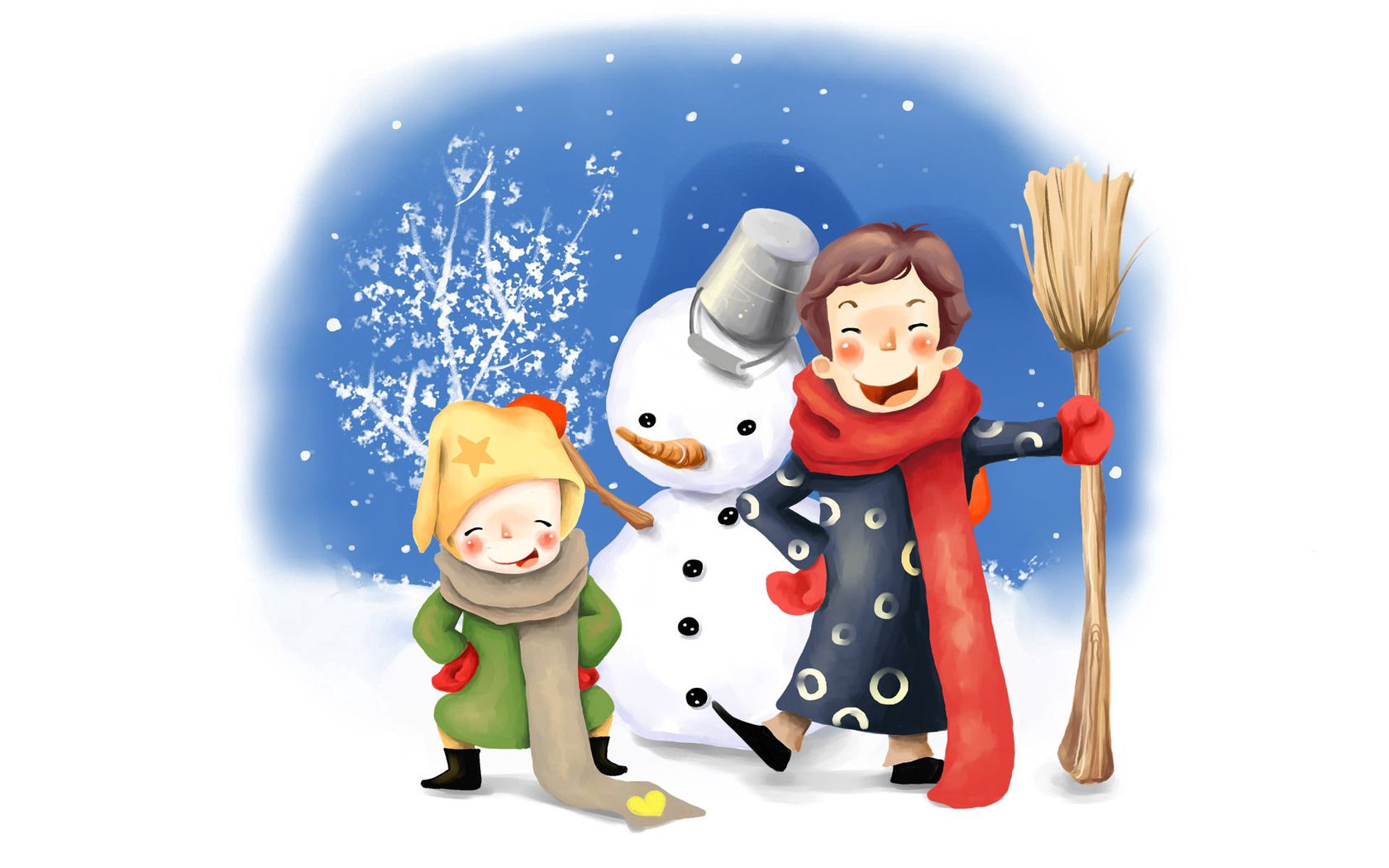 drawing, children, winter, snowman, miscellanea, miscellaneous, picture, buttons, fun, merriment, bucket, scarves, broom High Definition image