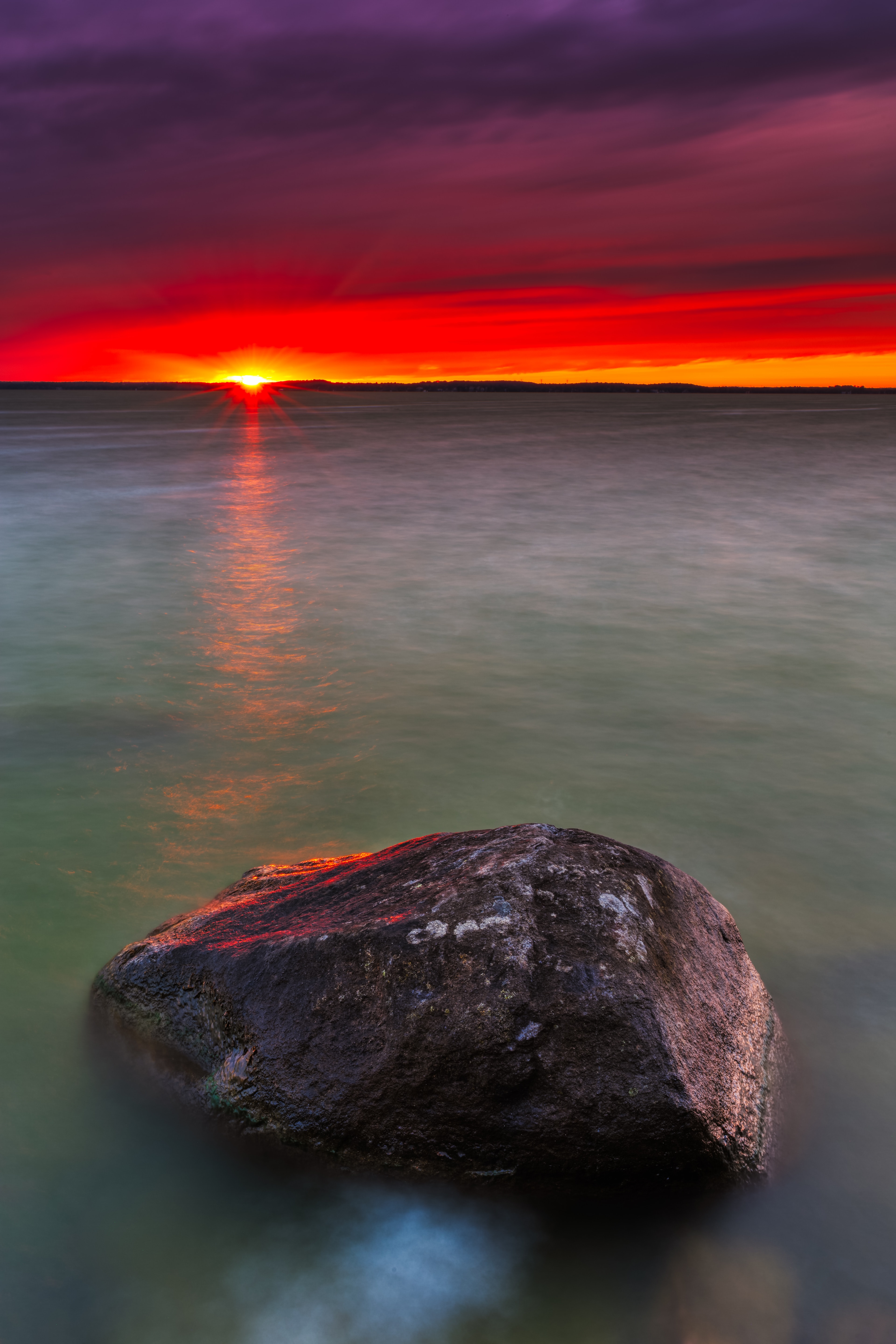 lake, nature, water, sunset, rock, horizon, stone Smartphone Background