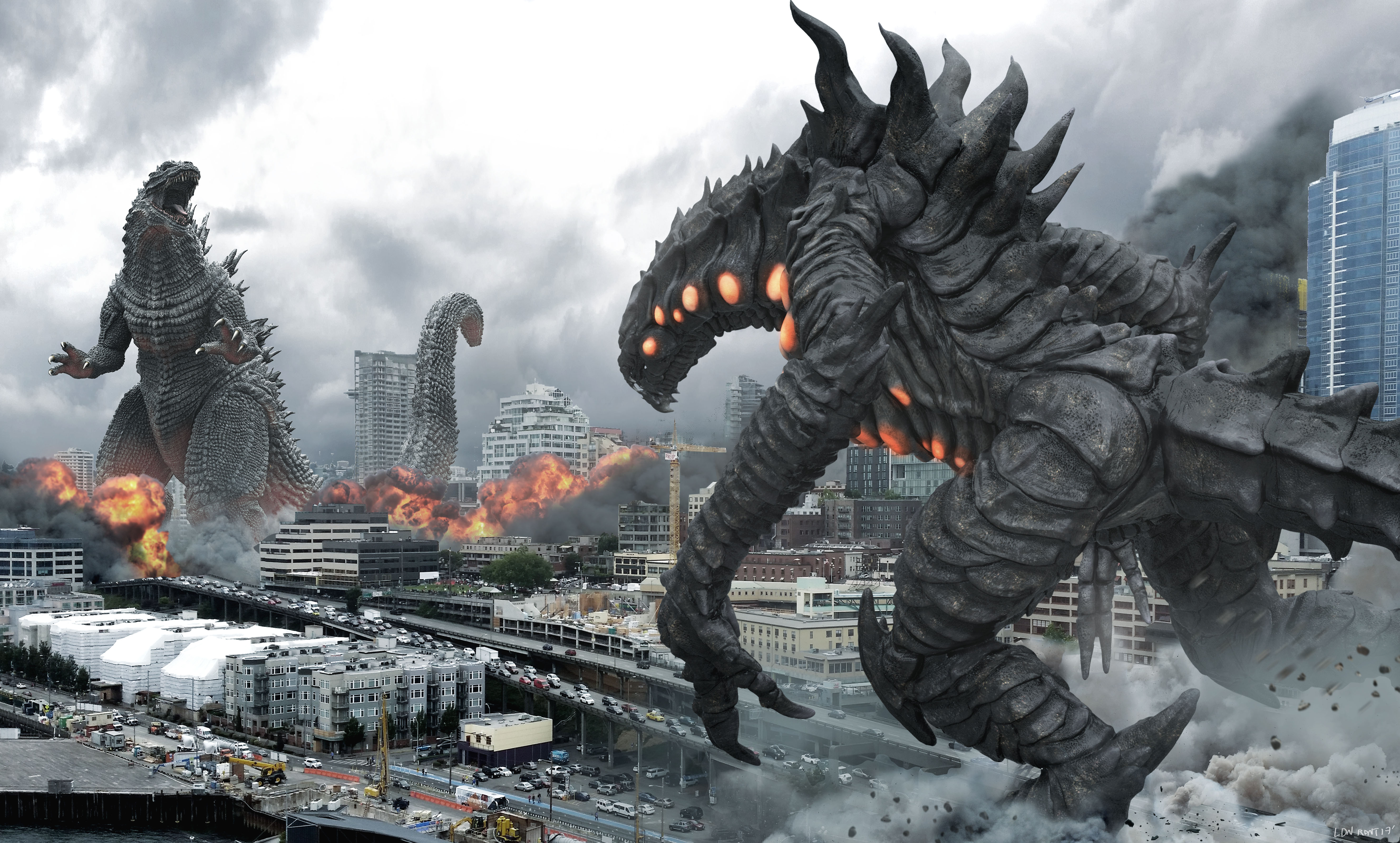 godzilla, movie, battle, city, destruction, kaiju, monster Desktop Wallpaper