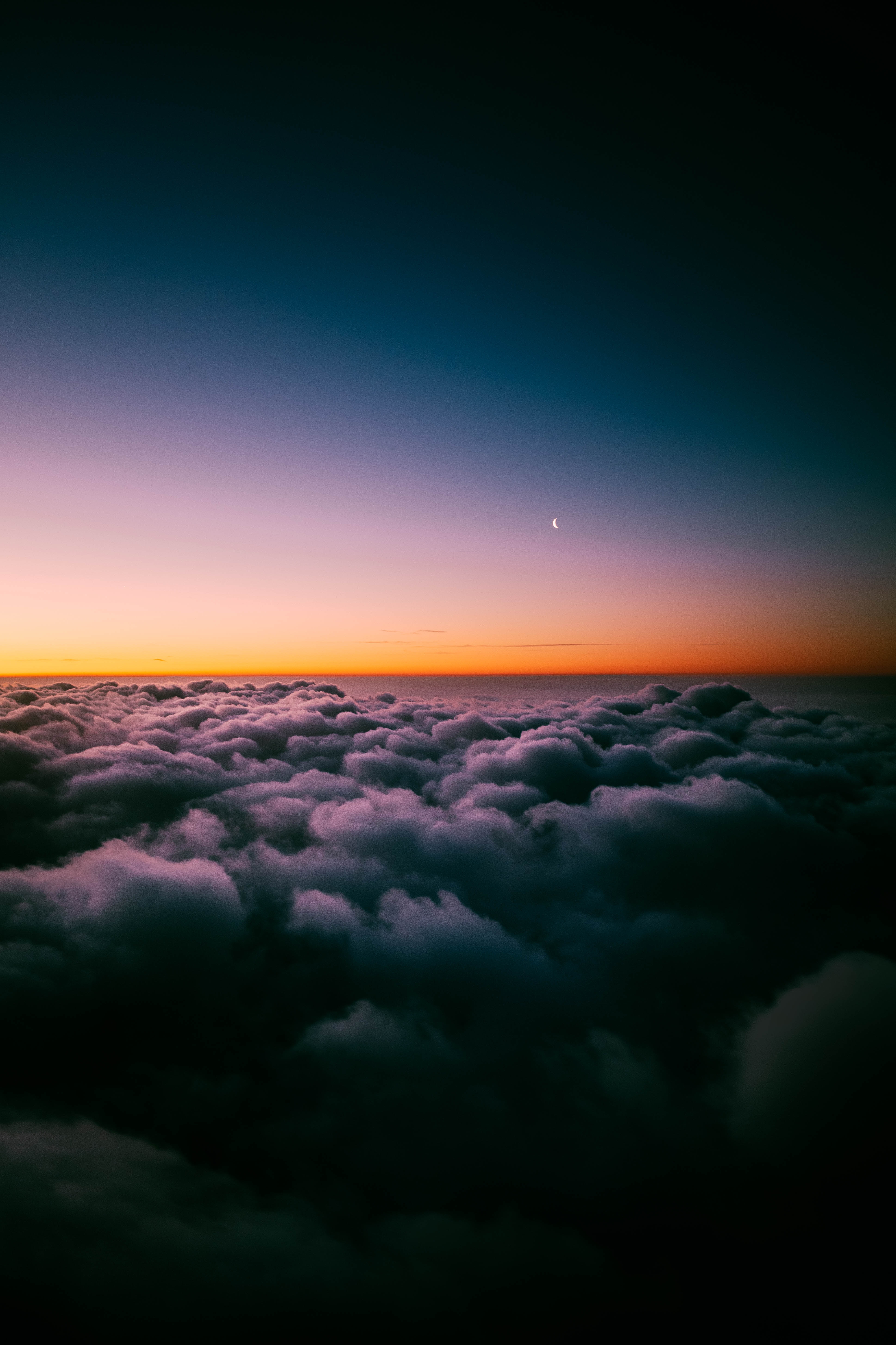 clouds, above the clouds, porous, moon, nature, sunset, twilight, dusk, sky horizon 8K