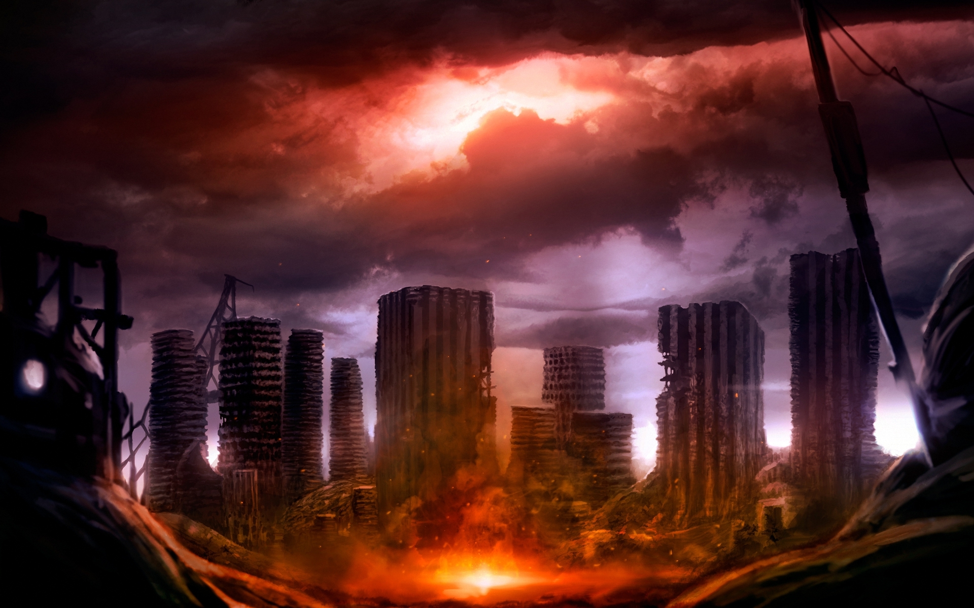 destroyed city on fire wallpaper