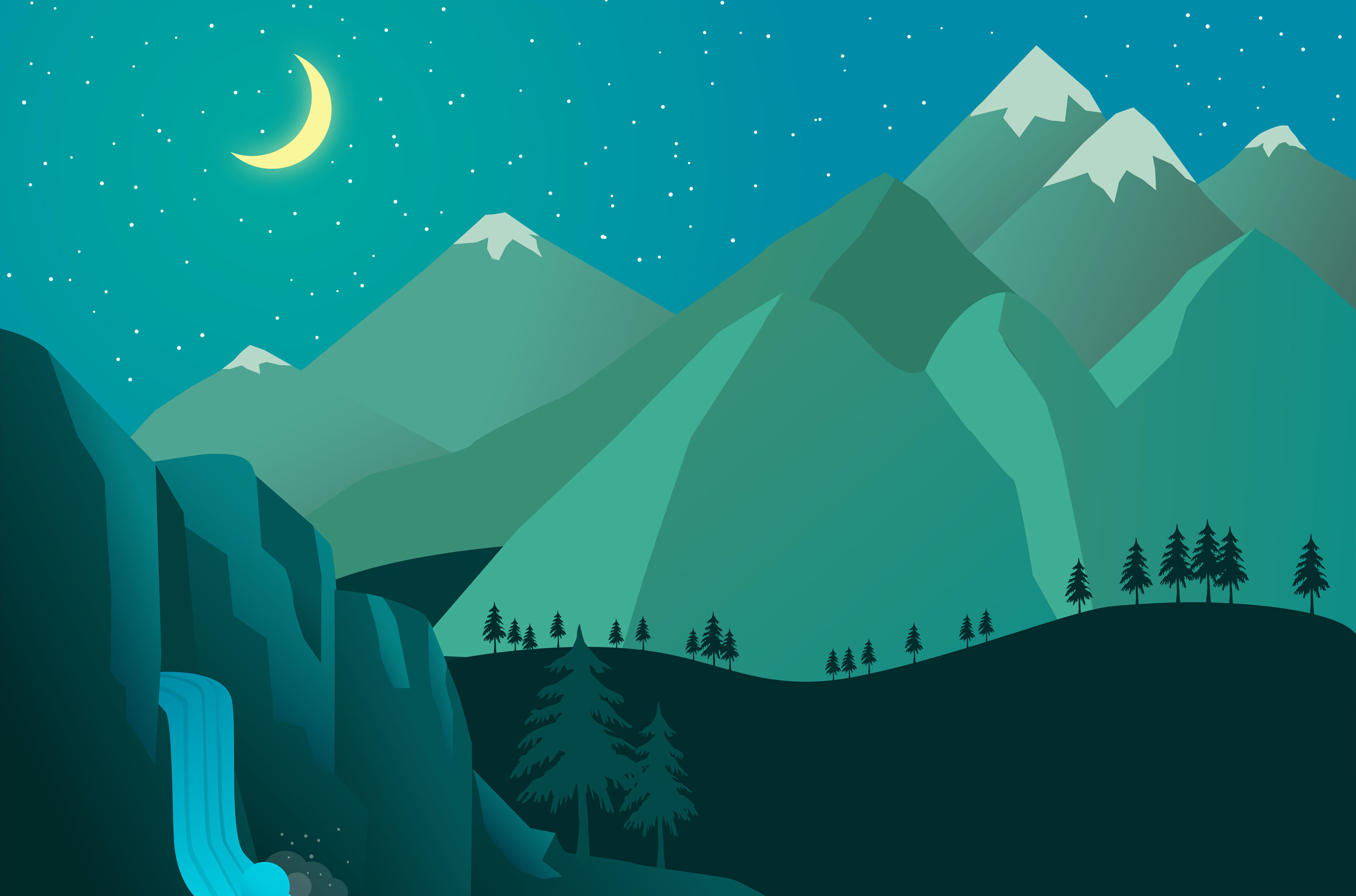 Download mobile wallpaper Waterfall, Mountains, Vector, Night, Art, Moon for free.