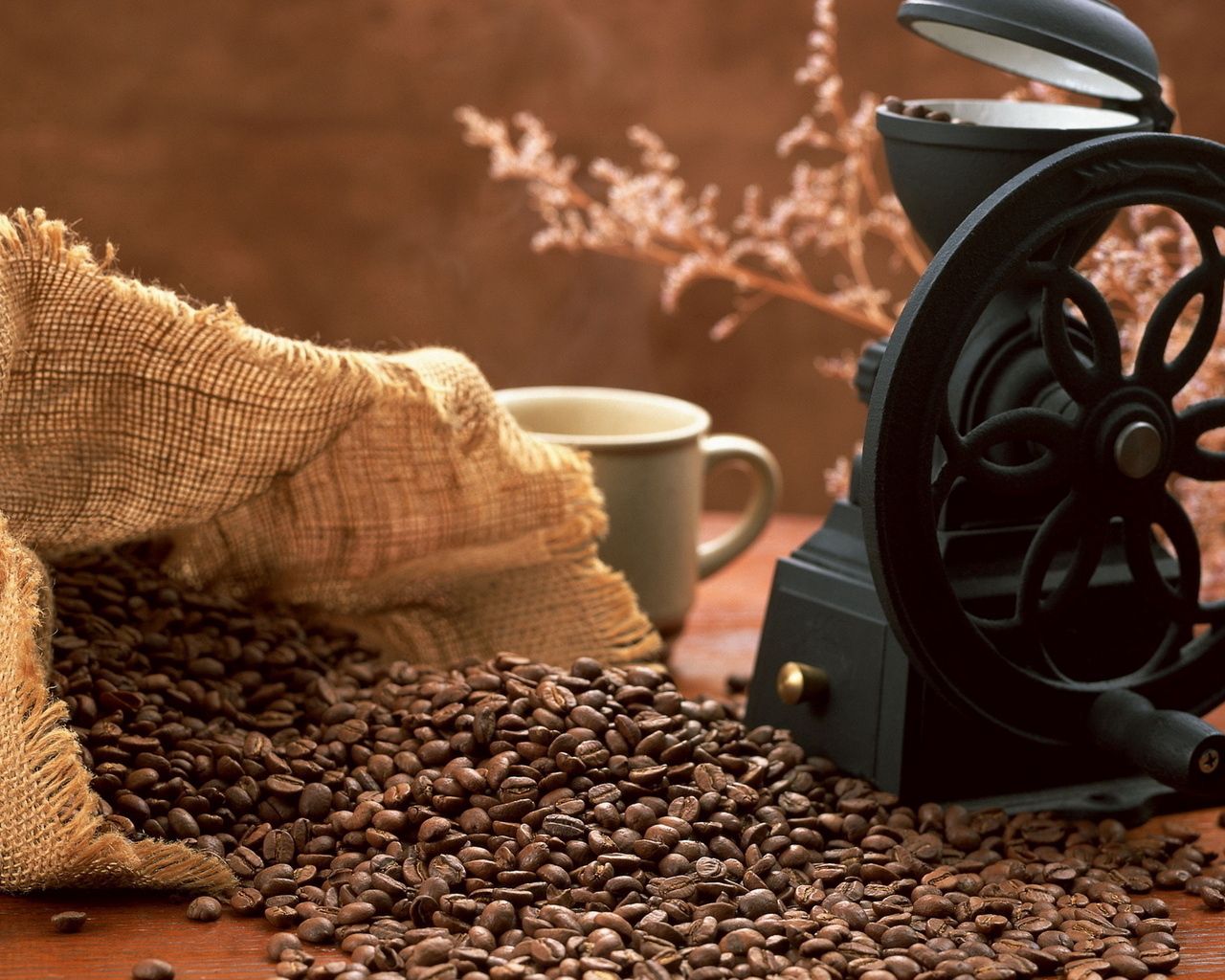 coffee, food, cup, grains, bag, grain, sack, coffee grinder