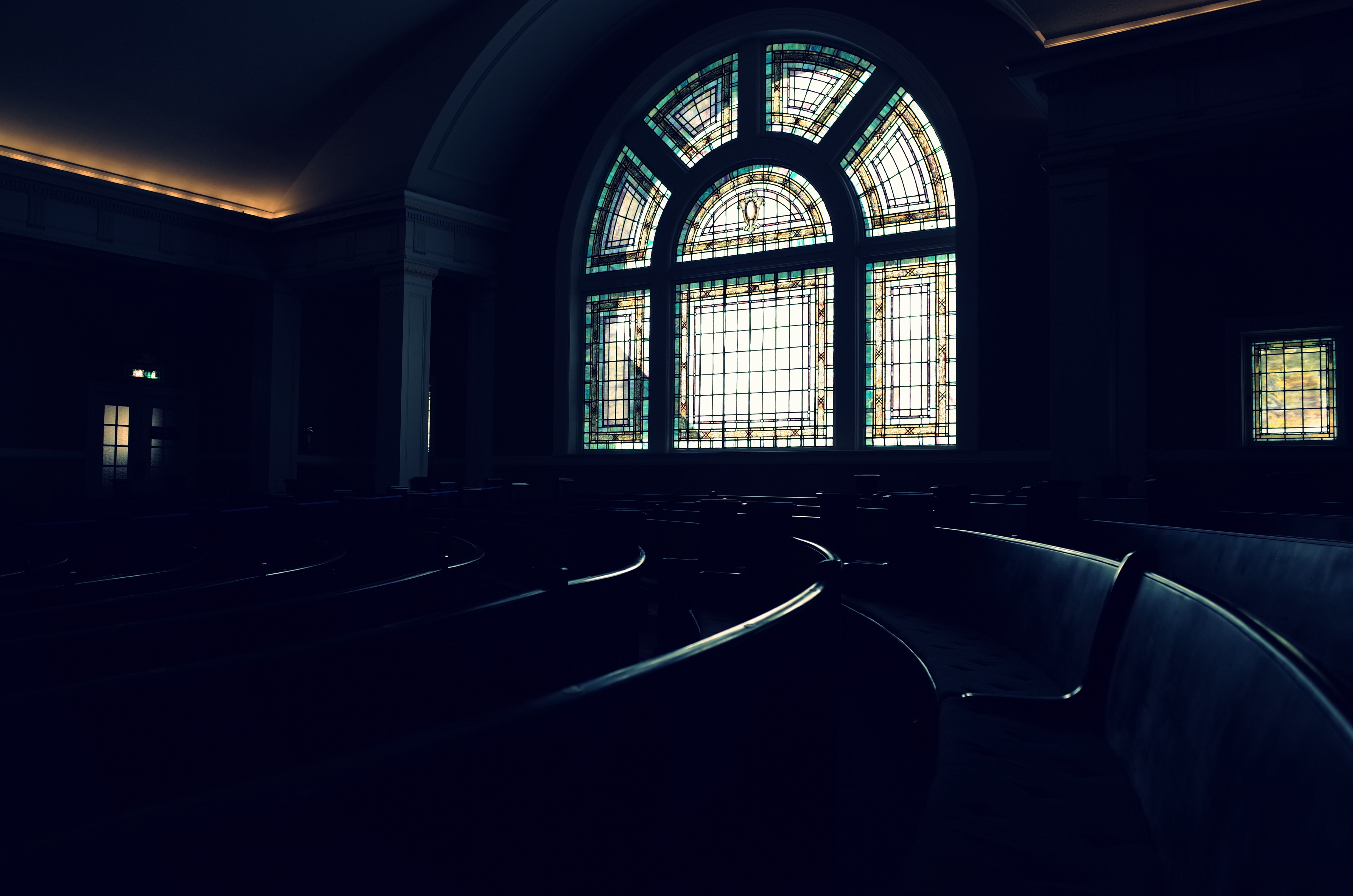dark, benches, window, bench, stained glass, curtain wall