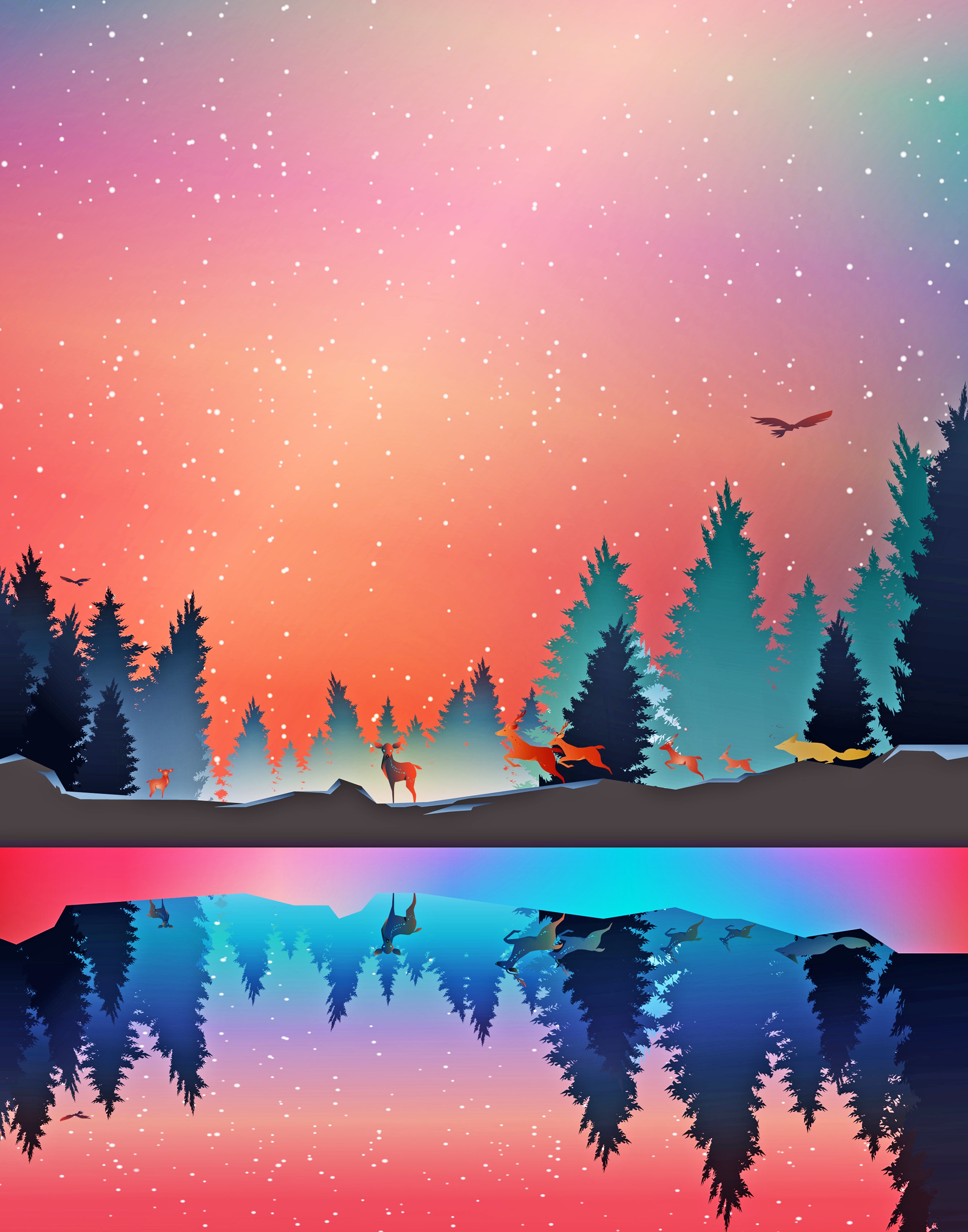 Download mobile wallpaper Winter, Reflection, Forest, Vector, Animals, Art for free.
