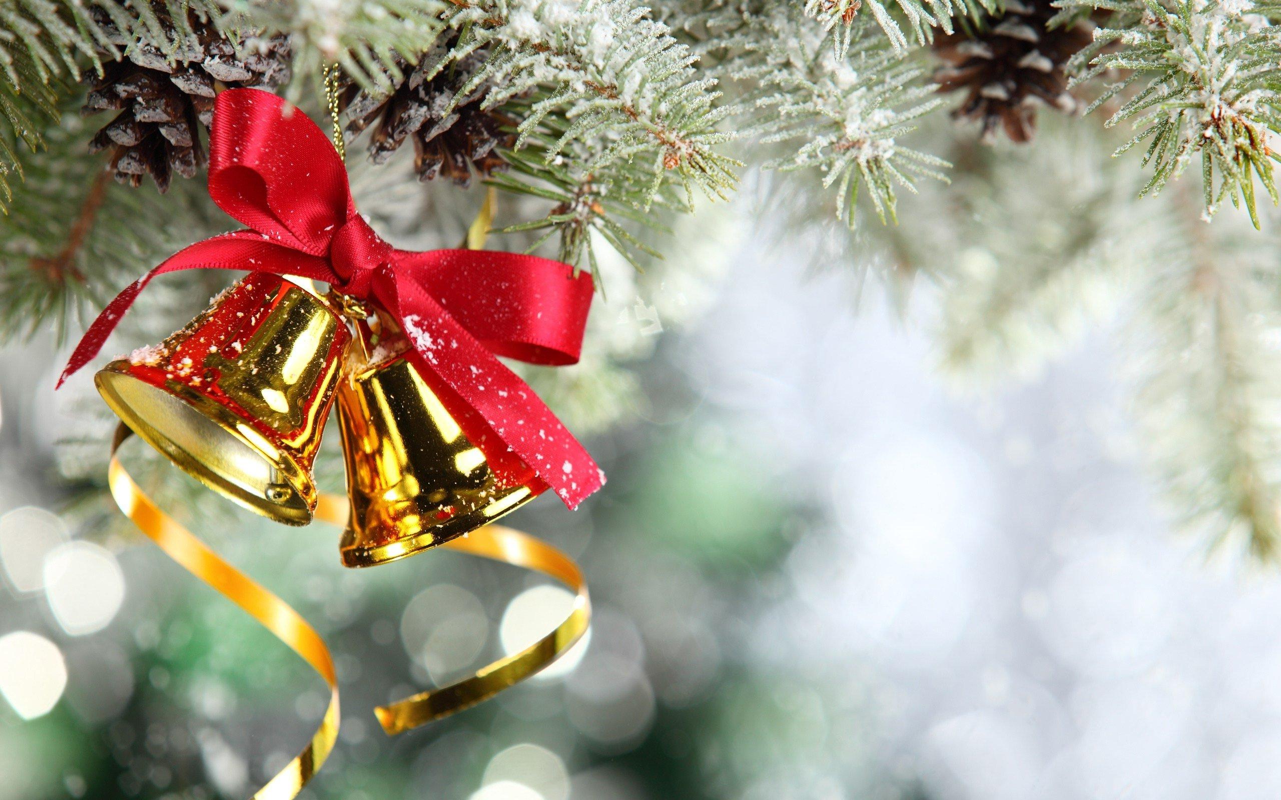 christmas, ribbon, holiday, bell, bokeh, christmas ornaments