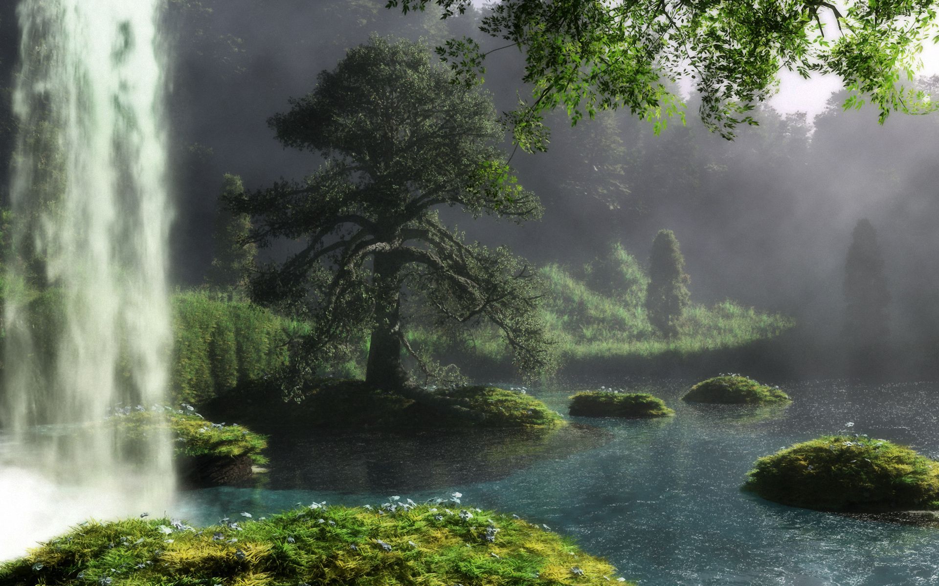 1920 x 1080 picture wood, nature, flowers, water, grass, waterfall, tree, flow, stream, reserve