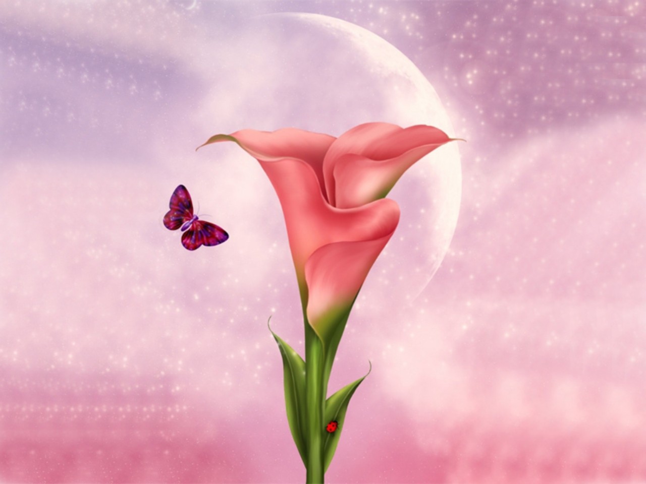 Скачать картинку Цветок, Бабочка, Розовый, Художественные в телефон бесплатно.