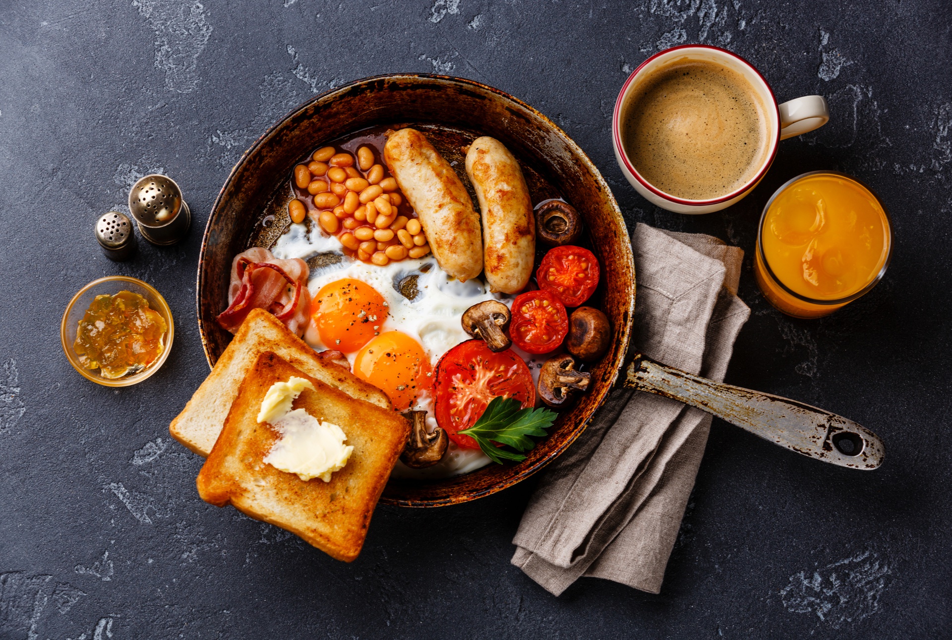sausage, coffee, food, breakfast, cup, egg, juice, still life, toast