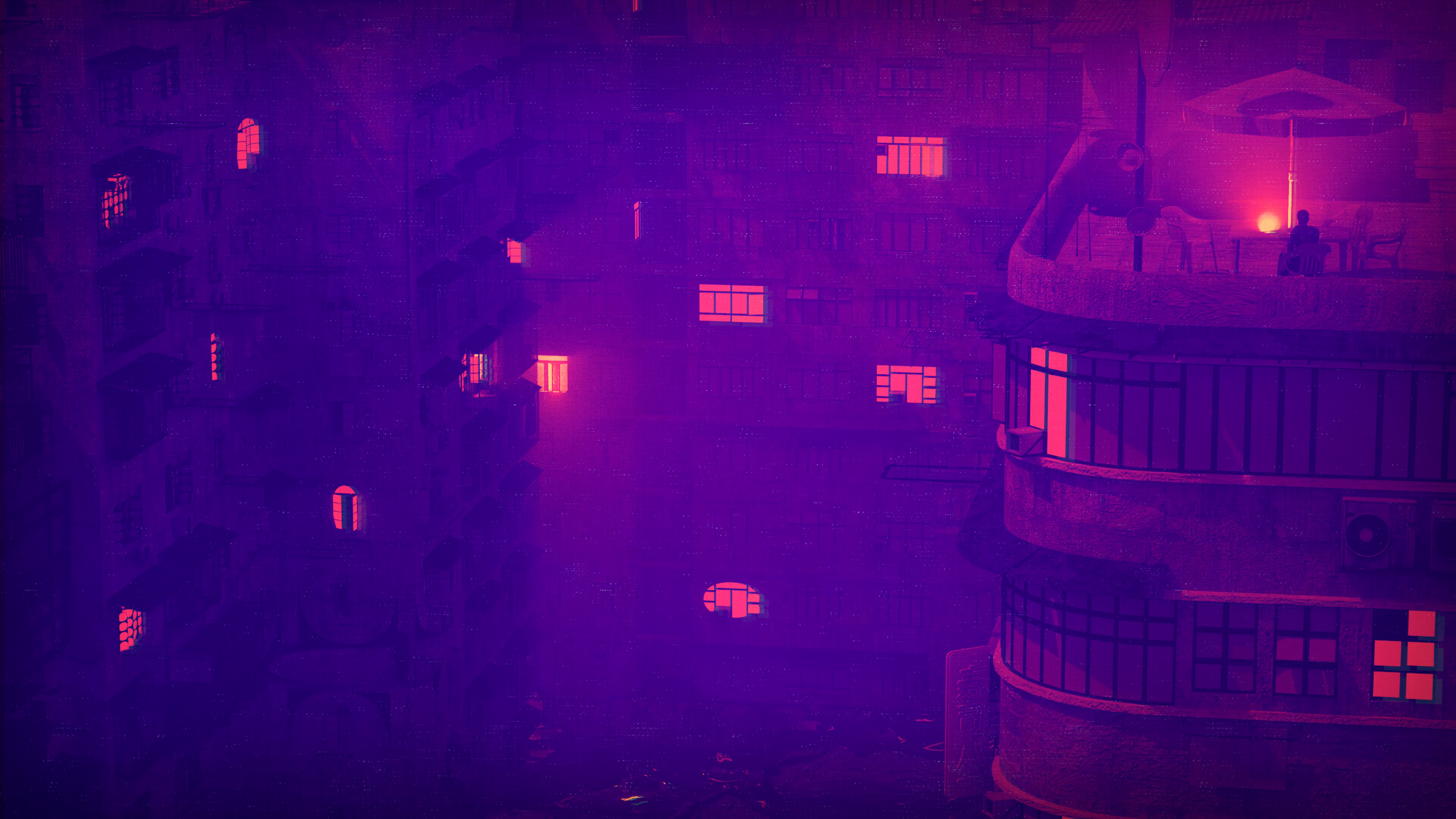 119939 скачать картинку фиолетовый, темные, ночь, свет, здание, крыша, терраса - обои и заставки бесплатно