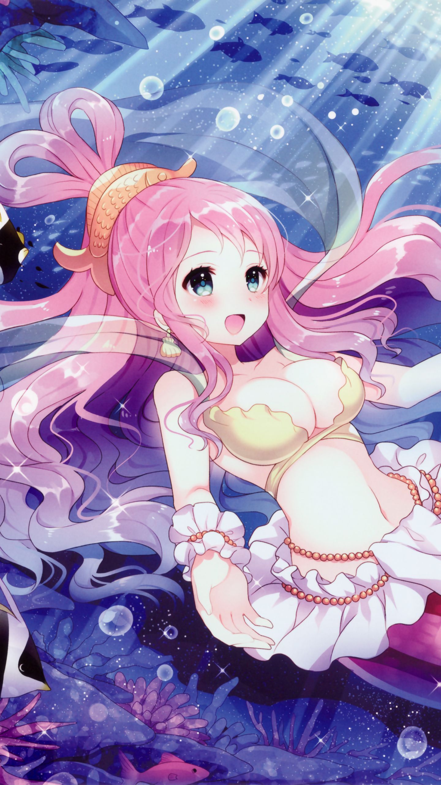 Mobile wallpaper shirahoshi (one piece), anime, one piece, mermaid, pink hair, fish, long hair, blue eyes, beads, underwater, bikini