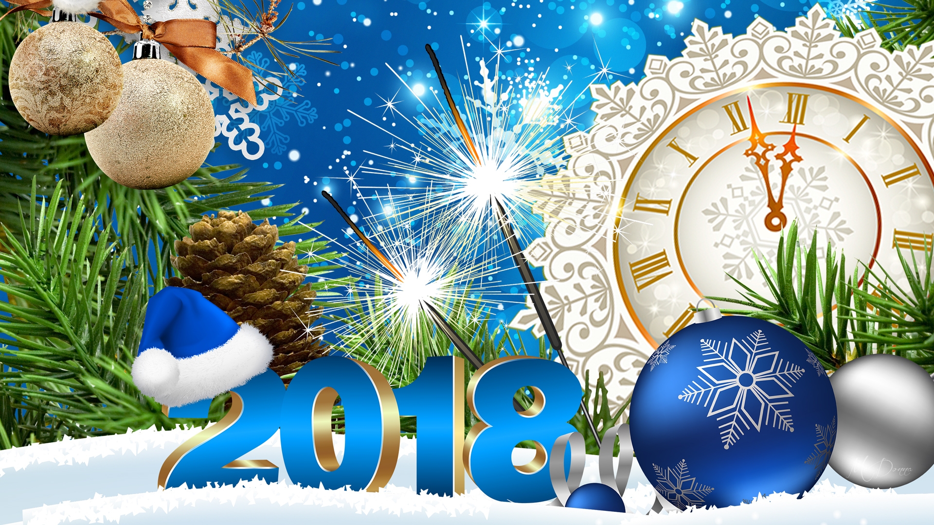 875182 Hintergrundbild herunterladen feiertage, neujahr 2018, blau, uhr, neujahr, weihnachtsmütze, silber, schnee - Bildschirmschoner und Bilder kostenlos