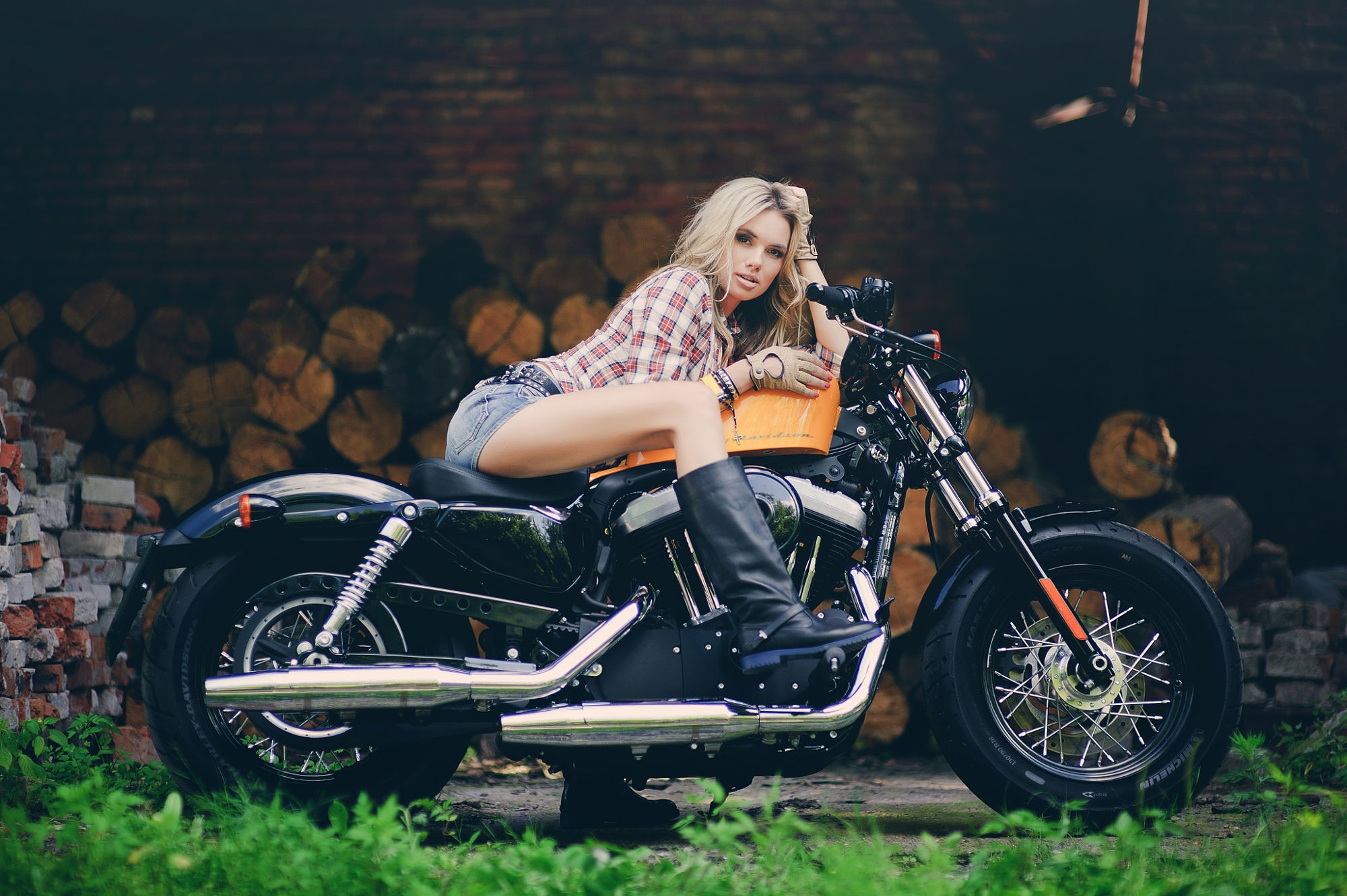 women, girls & motorcycles, blonde, boots, harley davidson, model, motorcycle Free Stock Photo