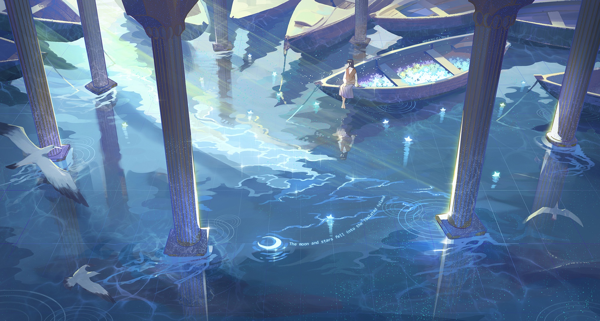 anime, water, boat, columns