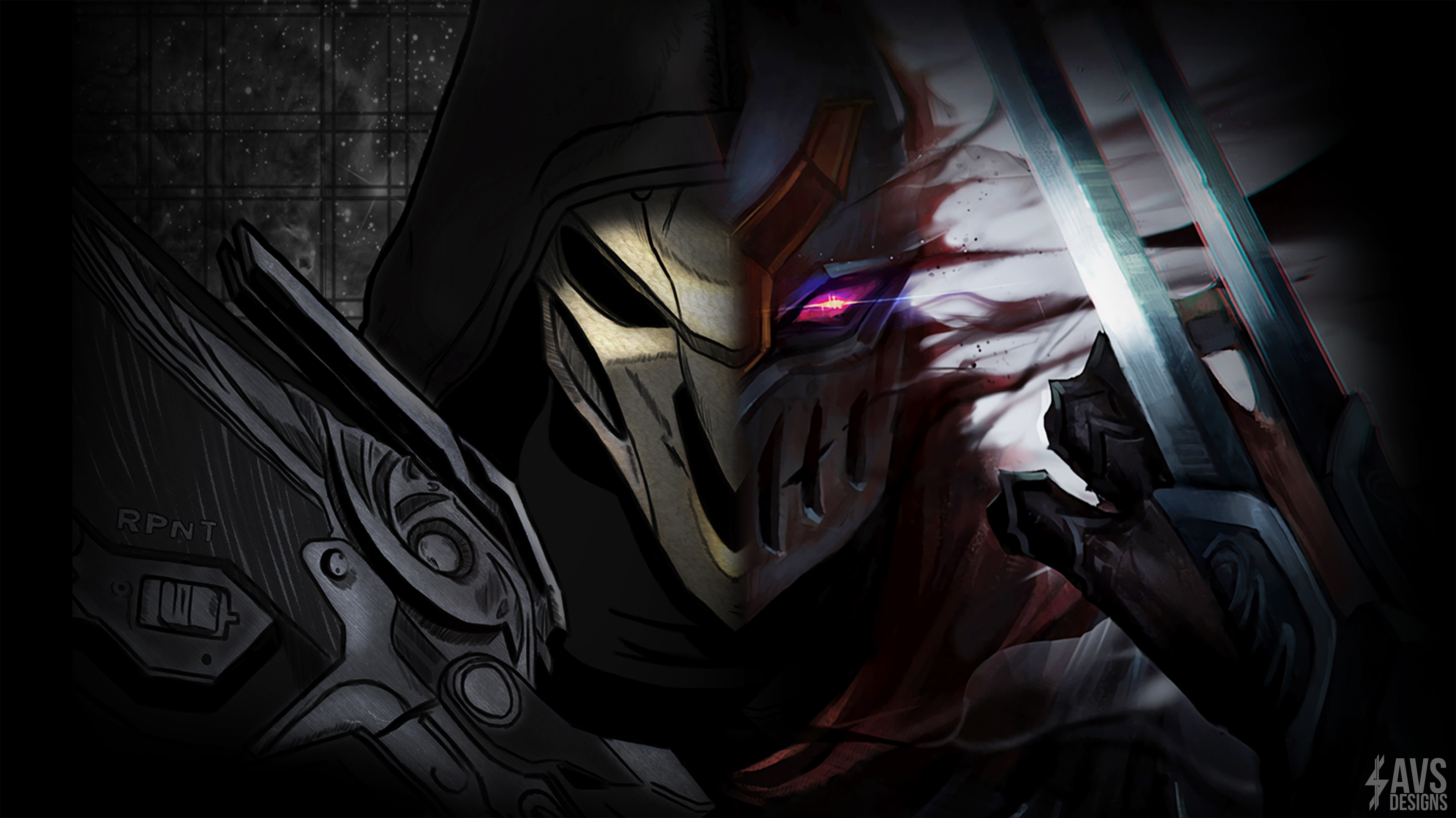 crossover, league of legends, video game, overwatch, reaper (overwatch), zed (league of legends) wallpaper for mobile