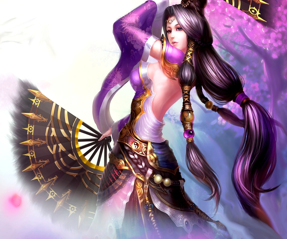 Download mobile wallpaper Fantasy, Purple, Brunette, Oriental, Goddess, Long Hair, Purple Eyes, Gods for free.