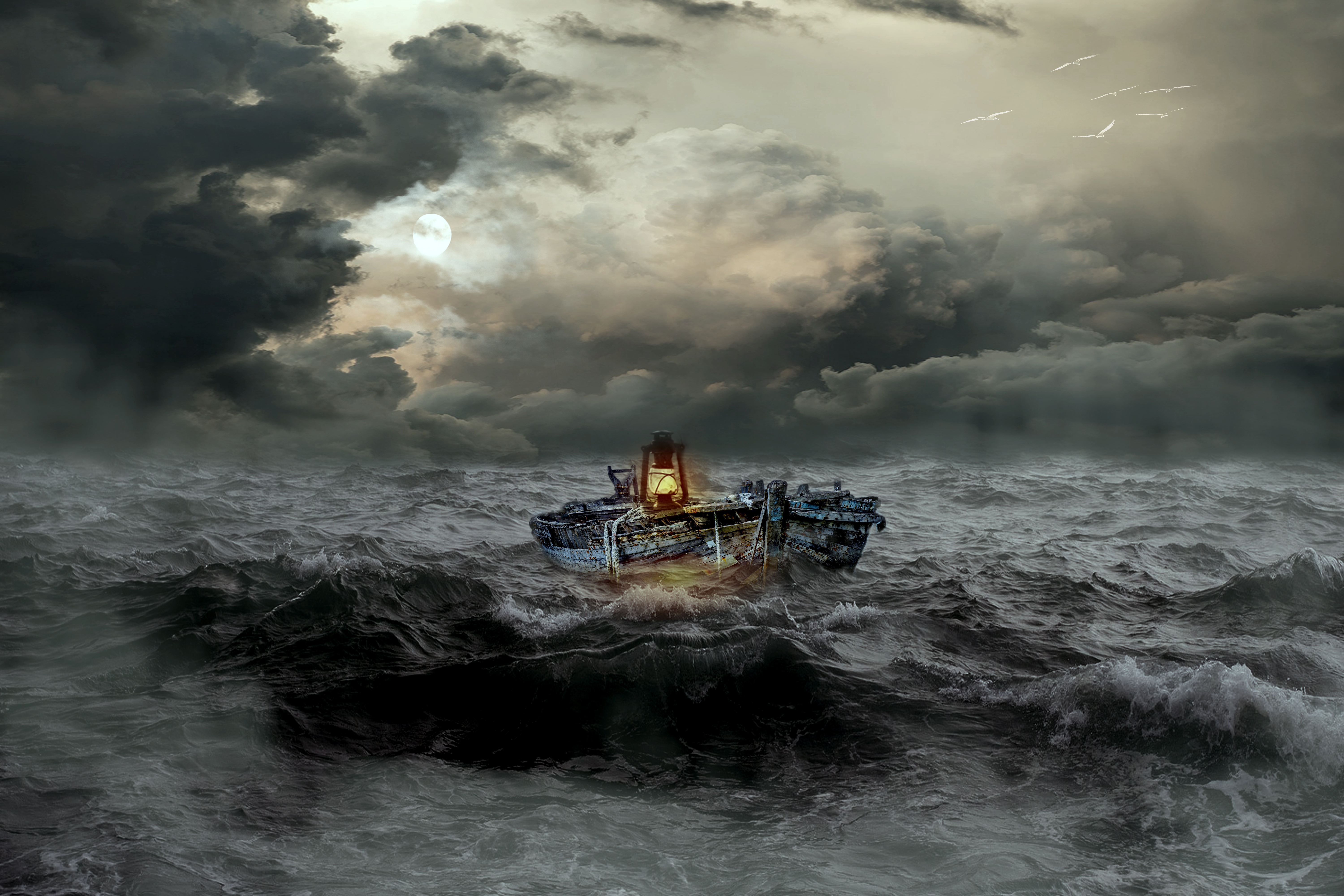 boat, sea, miscellanea, miscellaneous, waves, mainly cloudy, overcast, storm HD wallpaper