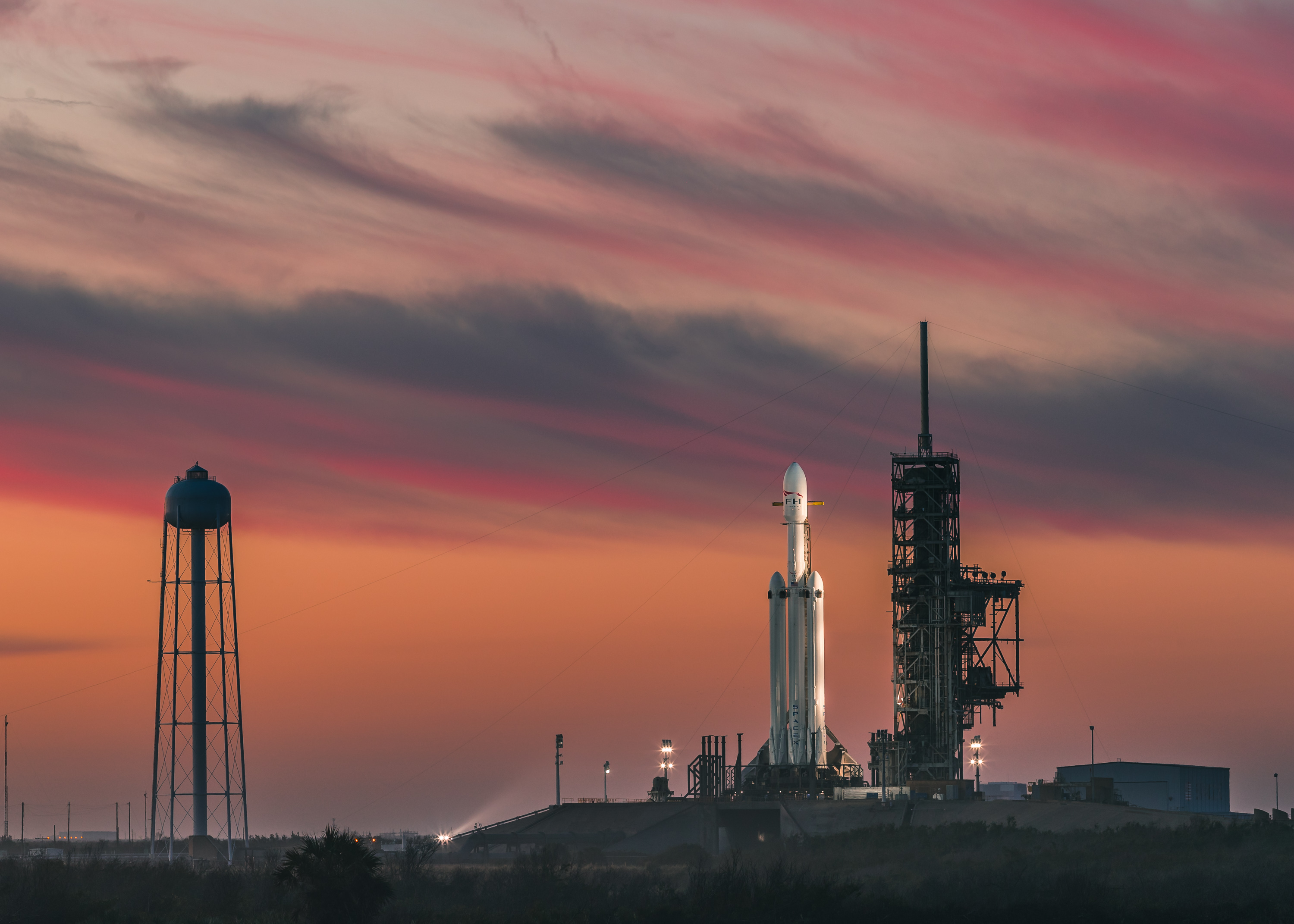 spacex, launching pad, sunset, rocket, falcon heavy, technology Full HD
